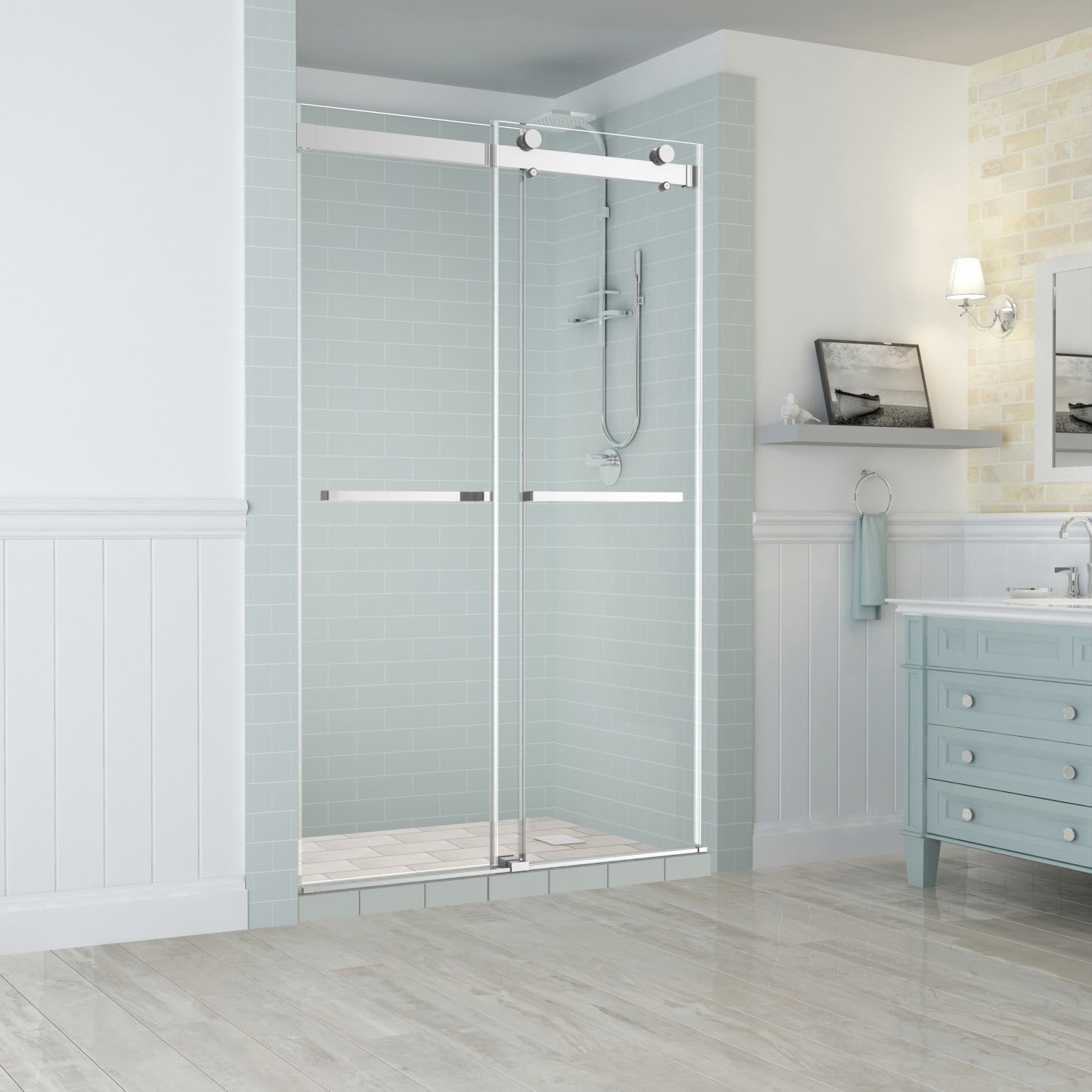 Rivage 44 in. to 48 in. W x 76 in. H Frameless Double-Bypass Sliding Shower Door with Clear Glass in Chrome 1