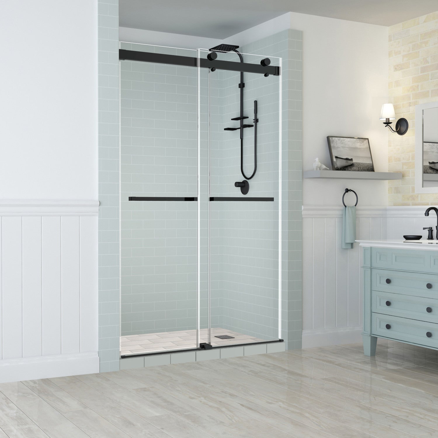 Rivage 44 in. to 48 in. W x 76 in. H Frameless Double-Bypass Sliding Shower Door with Clear Glass in Matte Black 1