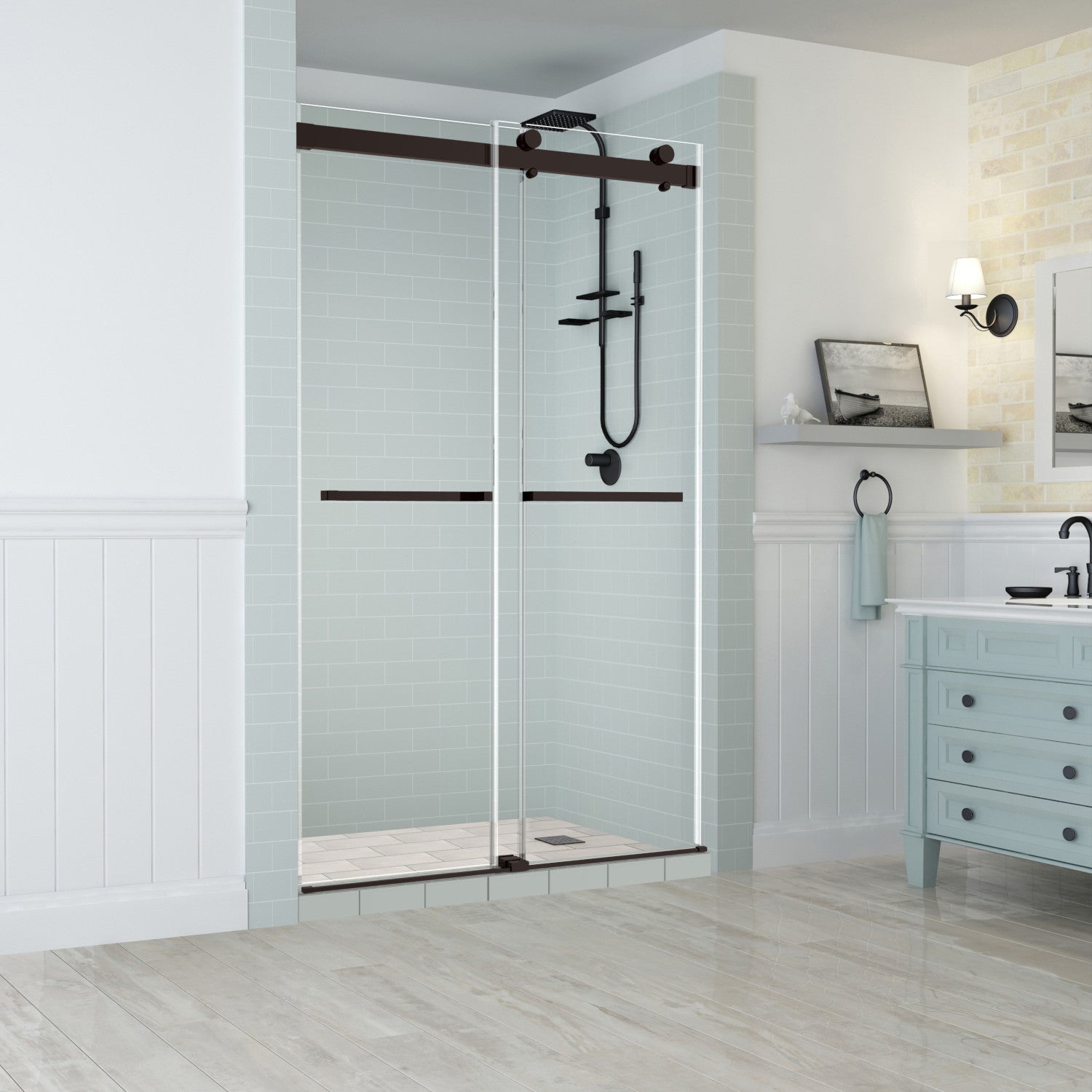 Rivage 44 in. to 48 in. W x 76 in. H Frameless Double-Bypass Sliding Shower Door with Clear Glass in Bronze 1