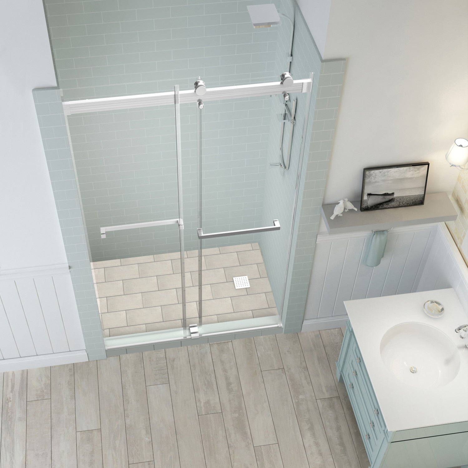 Rivage 44 in. to 48 in. W x 76 in. H Frameless Double-Bypass Sliding Shower Door with Clear Glass in Stainless Steel 2