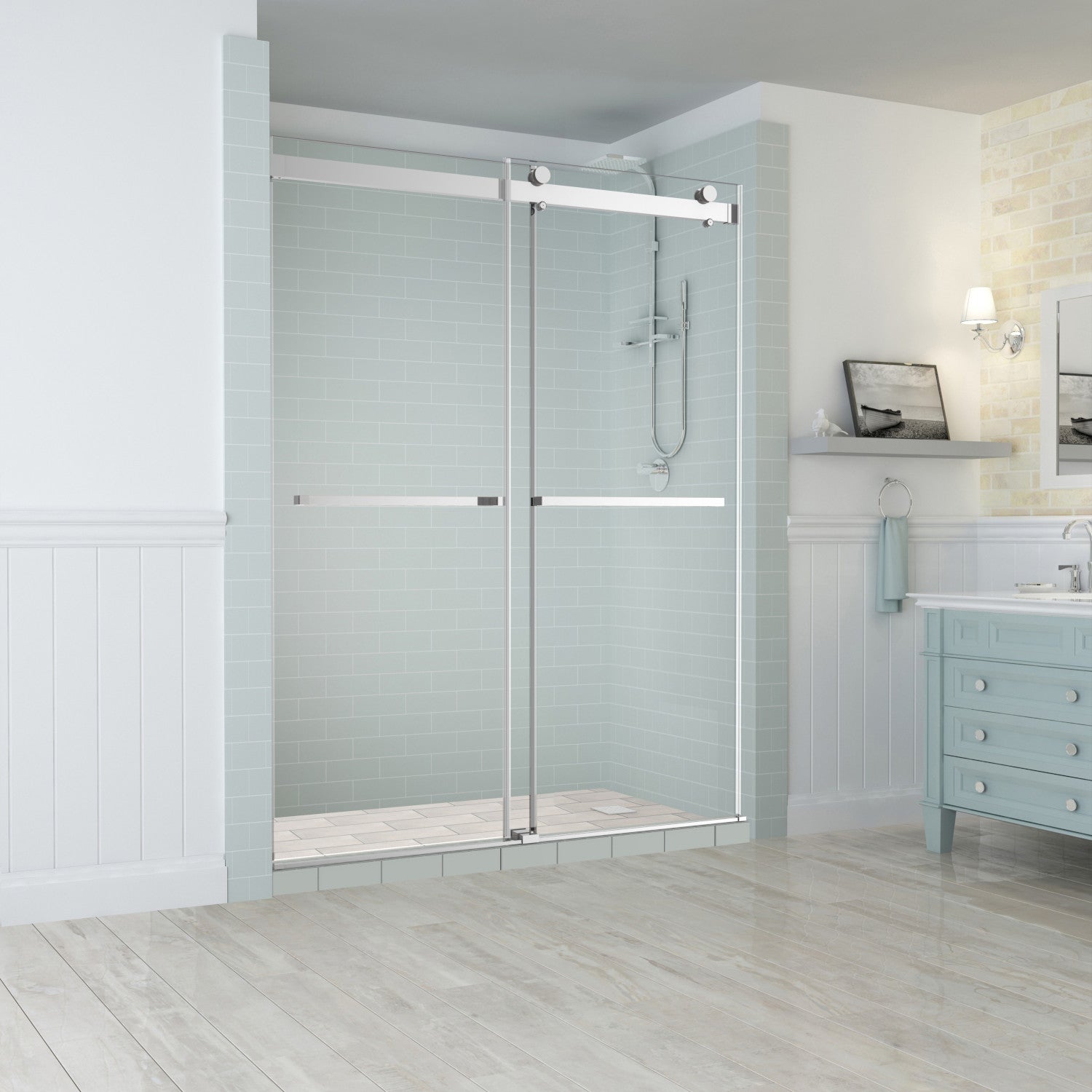 Rivage 56 in. to 60 in. W x 76 in. H Frameless Double-Bypass Sliding Shower Door with Clear Glass in Chrome 1