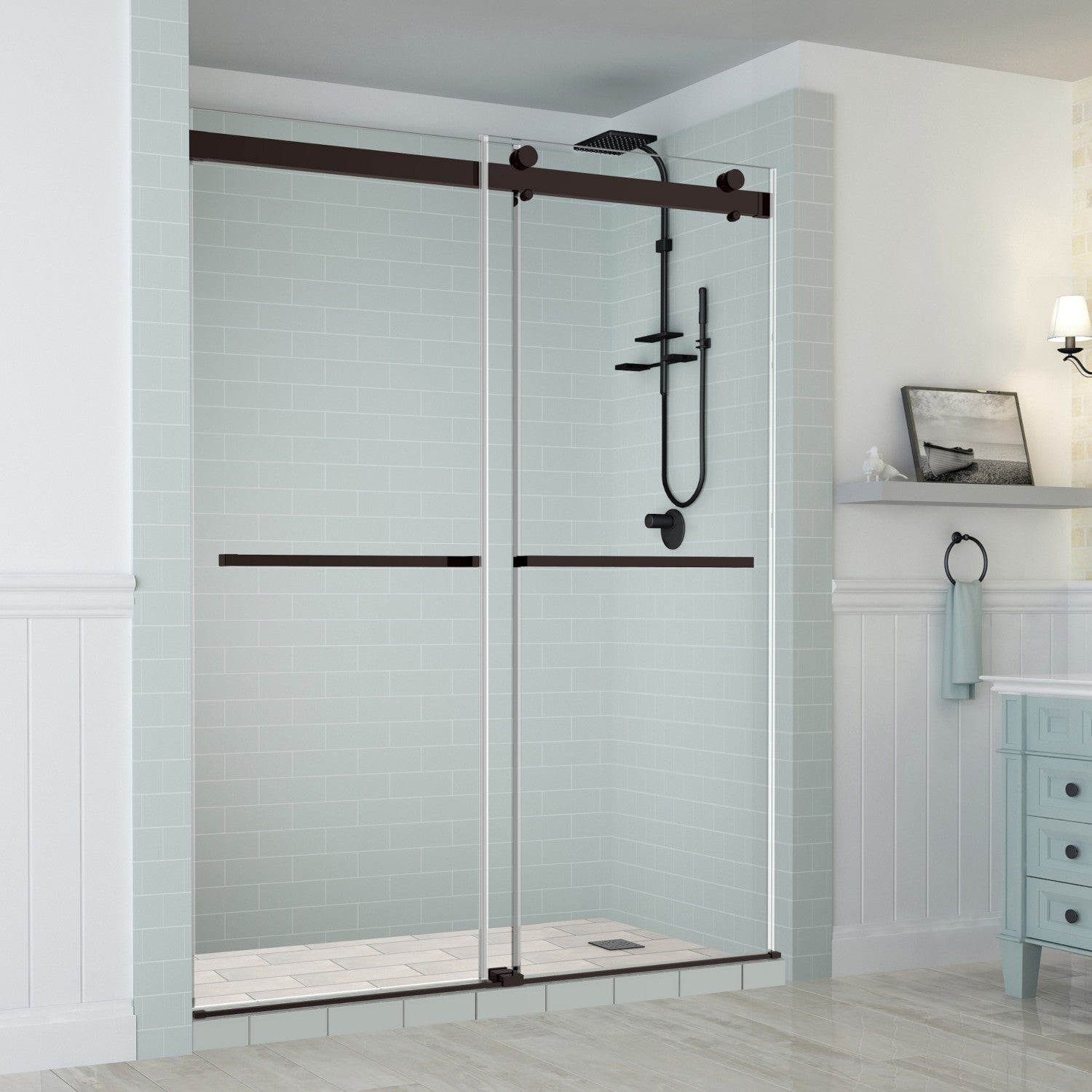 Rivage 56 in. to 60 in. W x 76 in. H Frameless Double-Bypass Sliding Shower Door with Clear Glass in Bronze 1