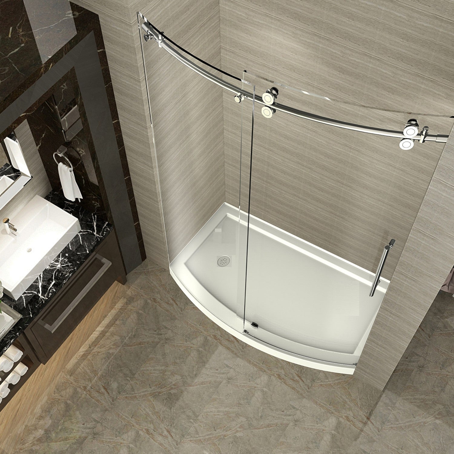 ZenArch 60 in. W x 77.5 in. H Frameless Bowfront Sliding Shower Door with Clear Glass in Stainless Steel, Right Hand with Left Drain Base 2