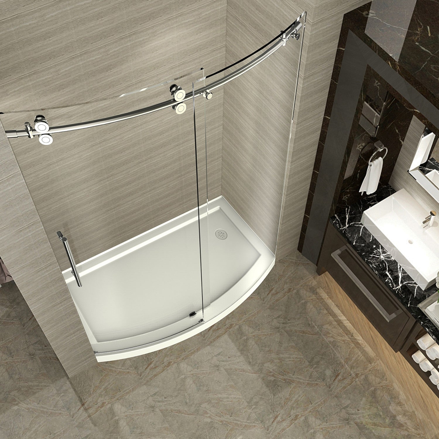 ZenArch 60 in. W x 77.5 in. H Frameless Bowfront Sliding Shower Door with Clear Glass in Chrome, Left Hand with Right Drain Base 2