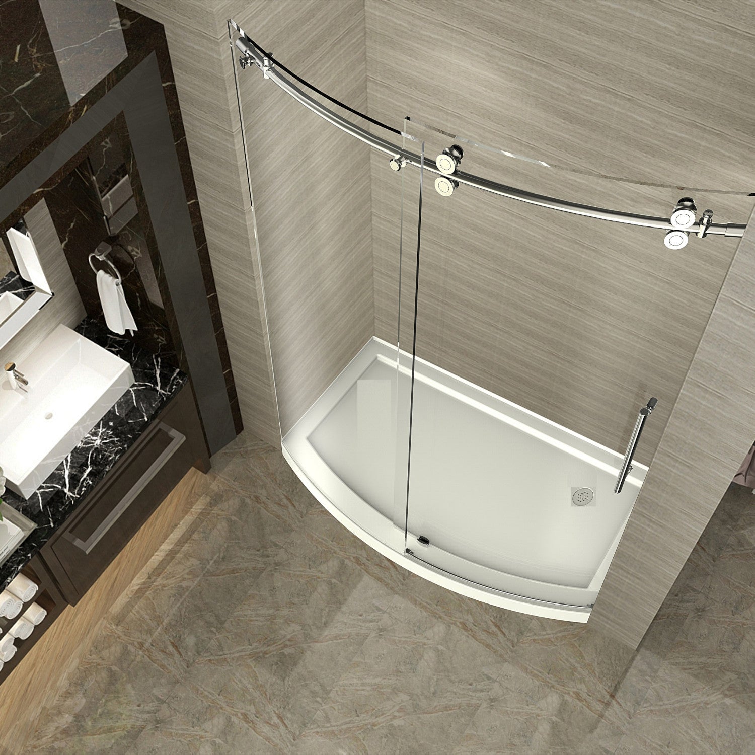 ZenArch 60 in. W x 77.5 in. H Frameless Bowfront Sliding Shower Door with Clear Glass in Stainless Steel, Right Hand with Right Drain Base 2