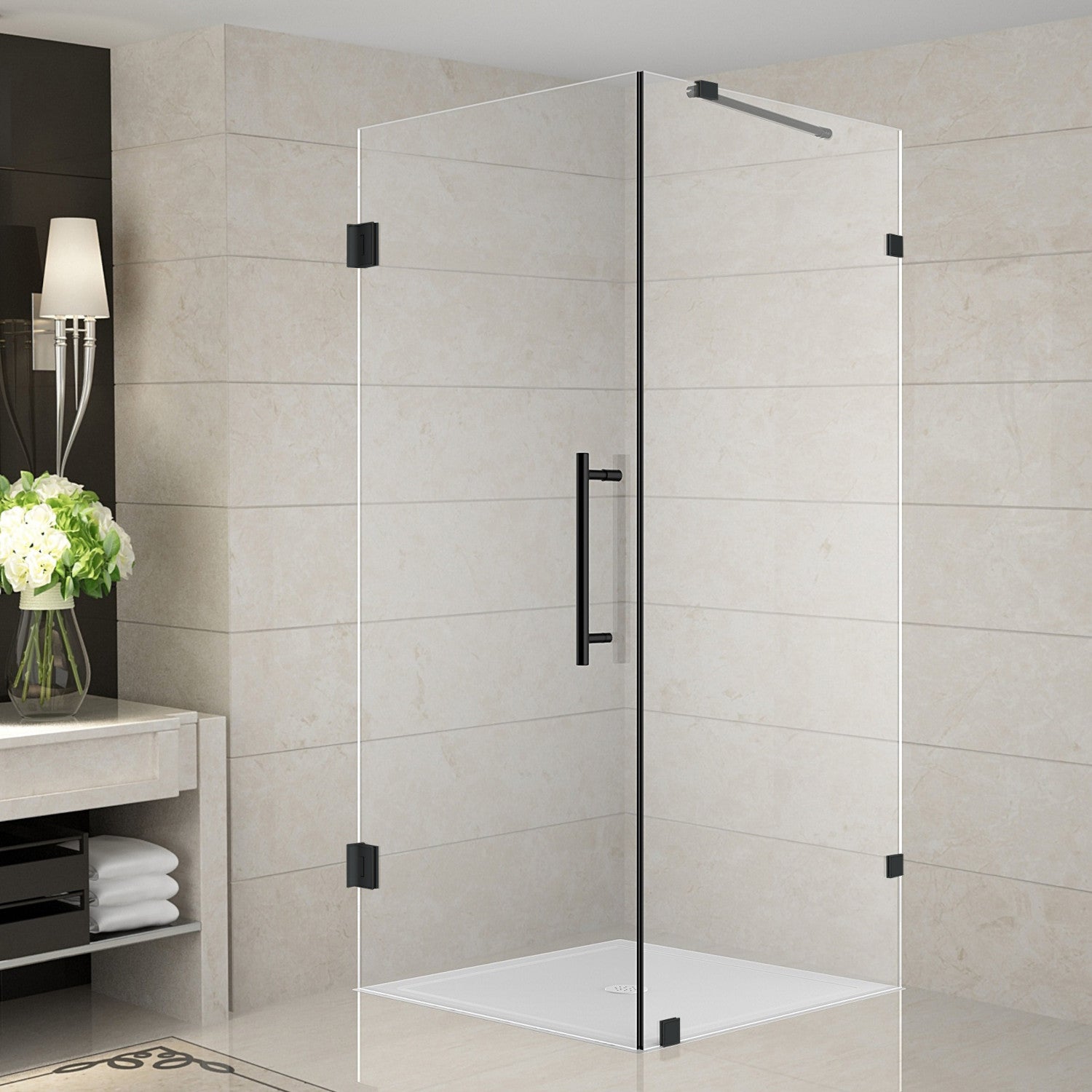 Aquadica 38 in. W x 38 in. D x 72 in. H Frameless Corner Hinged Shower Enclosure with Clear Glass in Matte Black 1