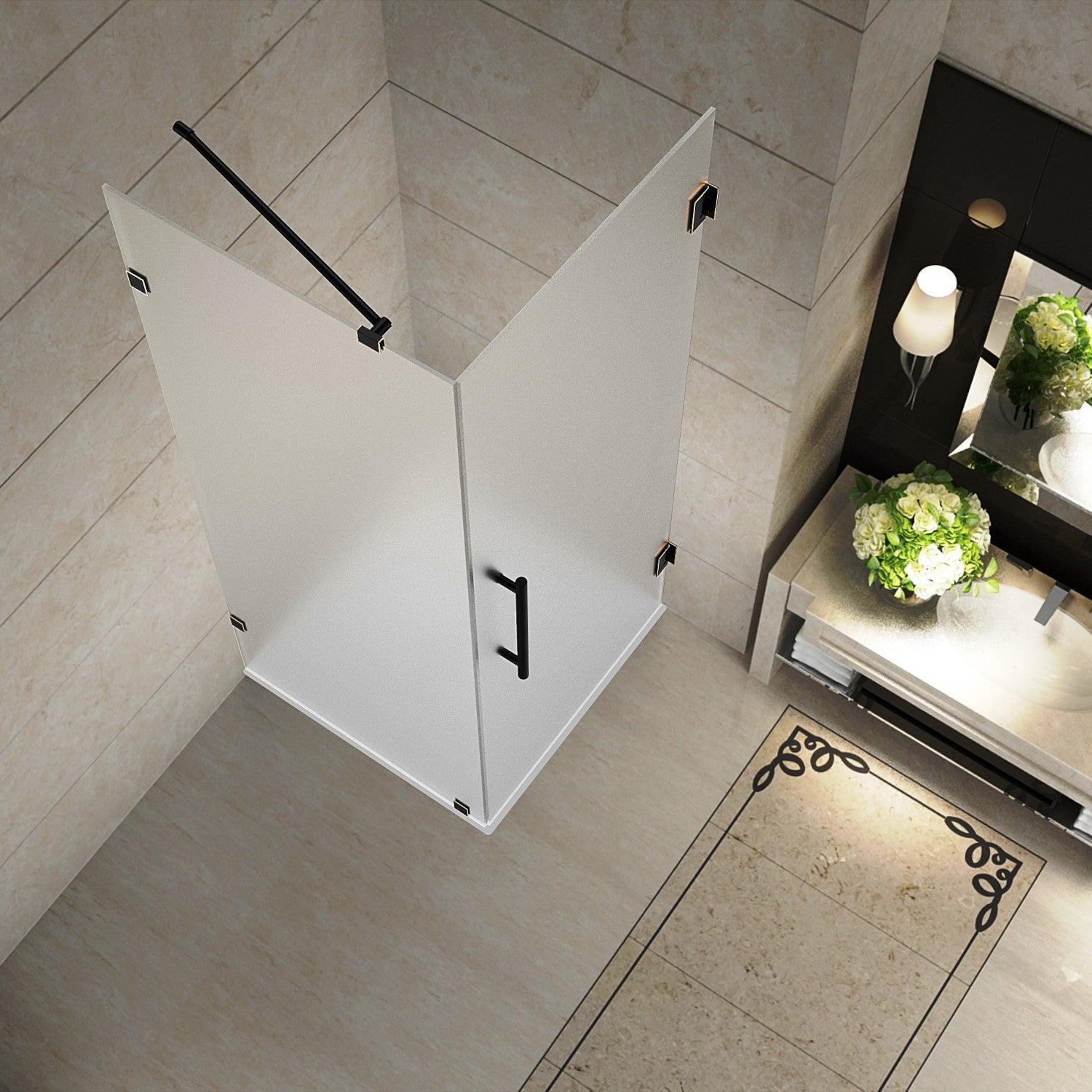 Aquadica 30 in. W x 30 in. D x 72 in. H Frameless Corner Hinged Shower Enclosure with Frosted Glass in Oil Rubbed Bronze 2