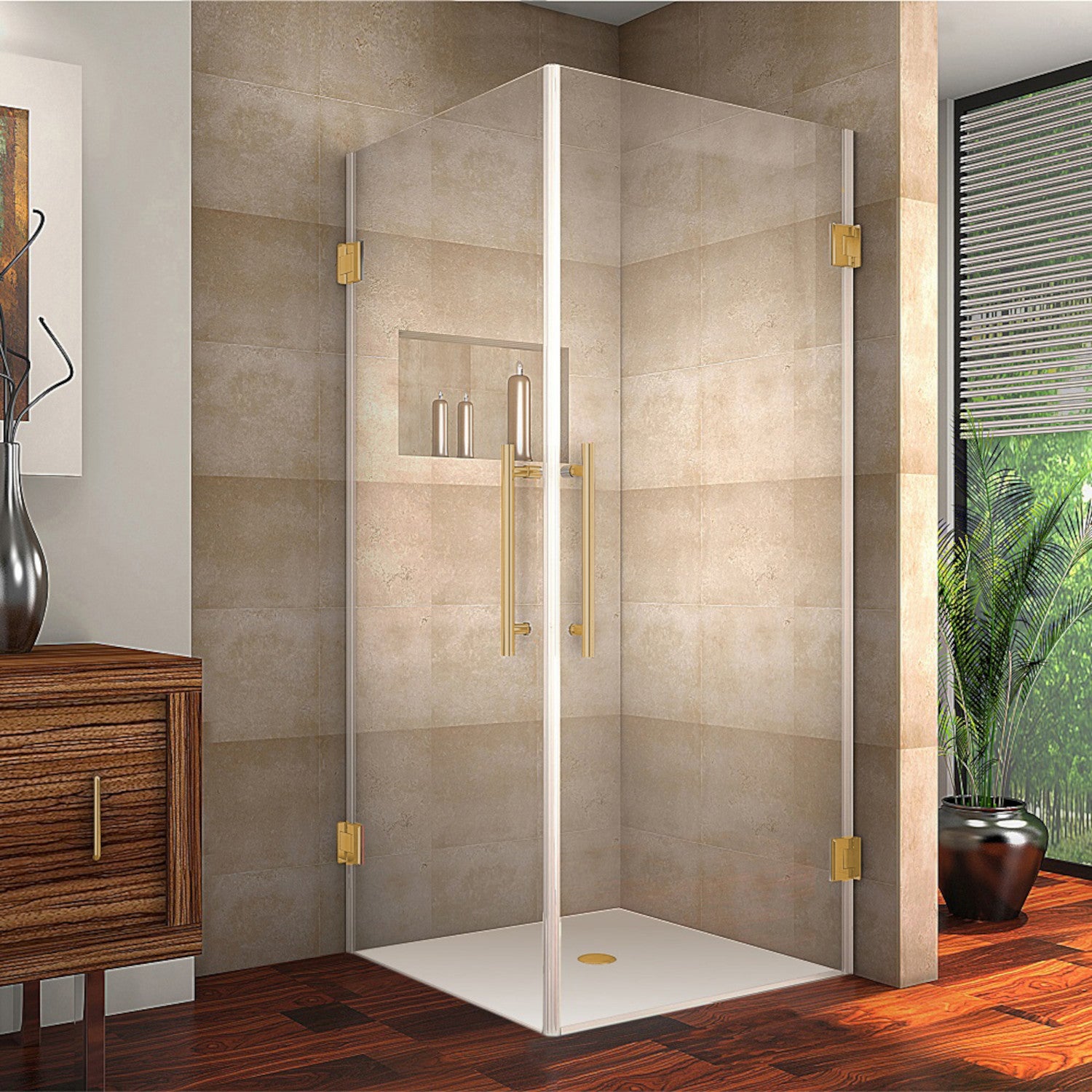 Vanora 32 in. W x 32 in. D x 72 in. H Frameless Hinged Corner Shower Enclosure with Clear Glass in Brushed Gold 1