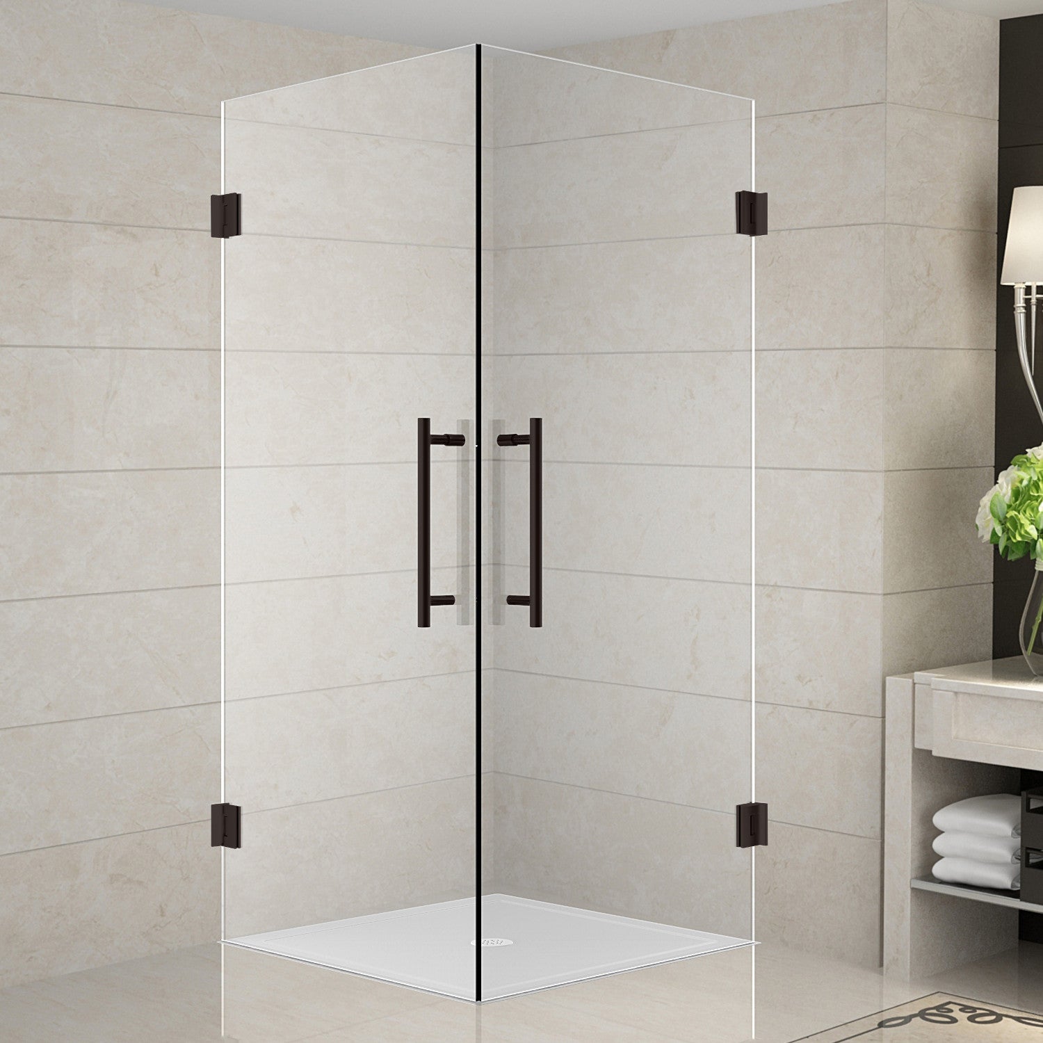 Vanora 38 in. W x 38 in. D x 72 in. H Frameless Hinged Corner Shower Enclosure with Clear Glass in Bronze 1