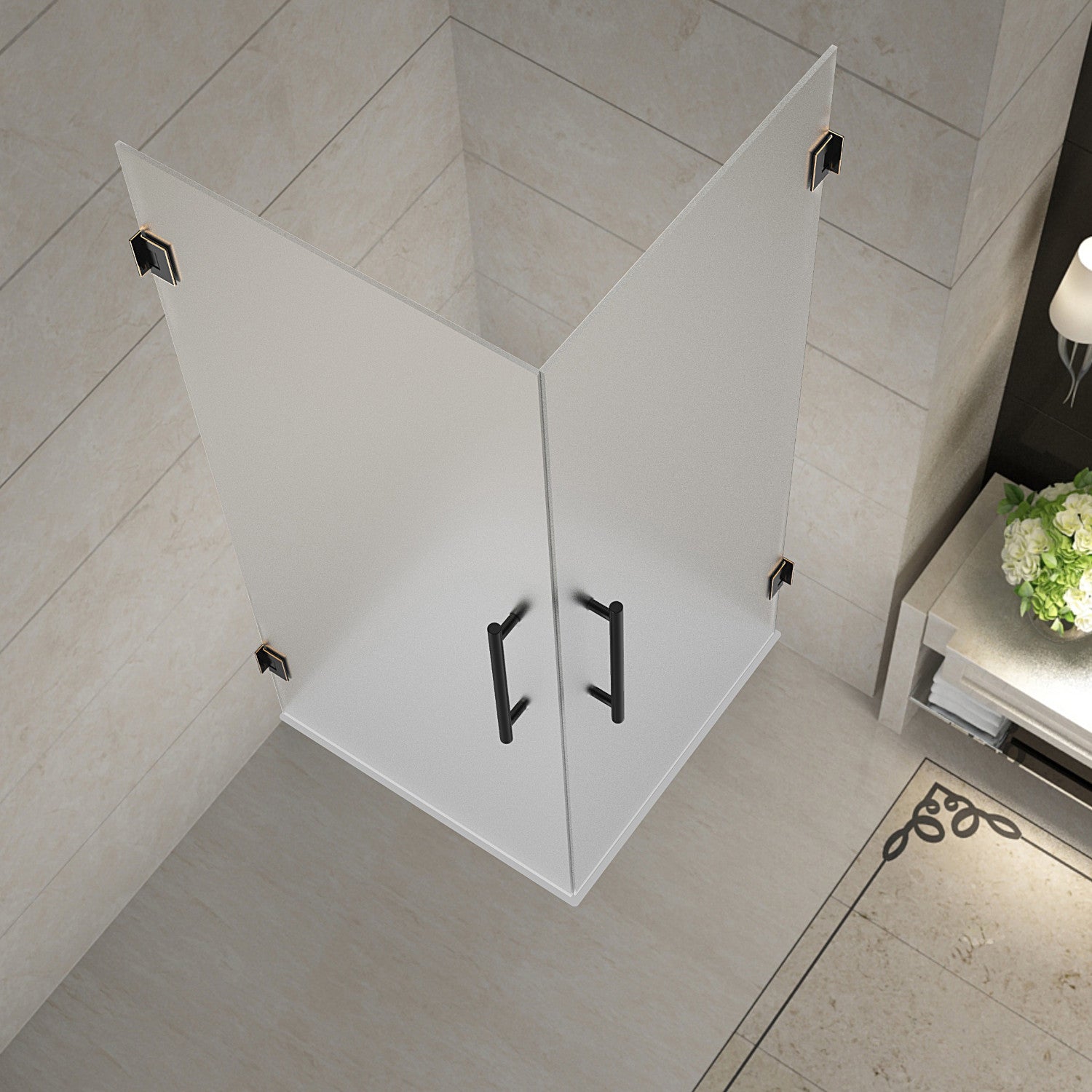 Vanora 32 in. W x 32 in. D x 72 in. H Frameless Hinged Corner Shower Enclosure with Frosted Glass in Oil Rubbed Bronze 2
