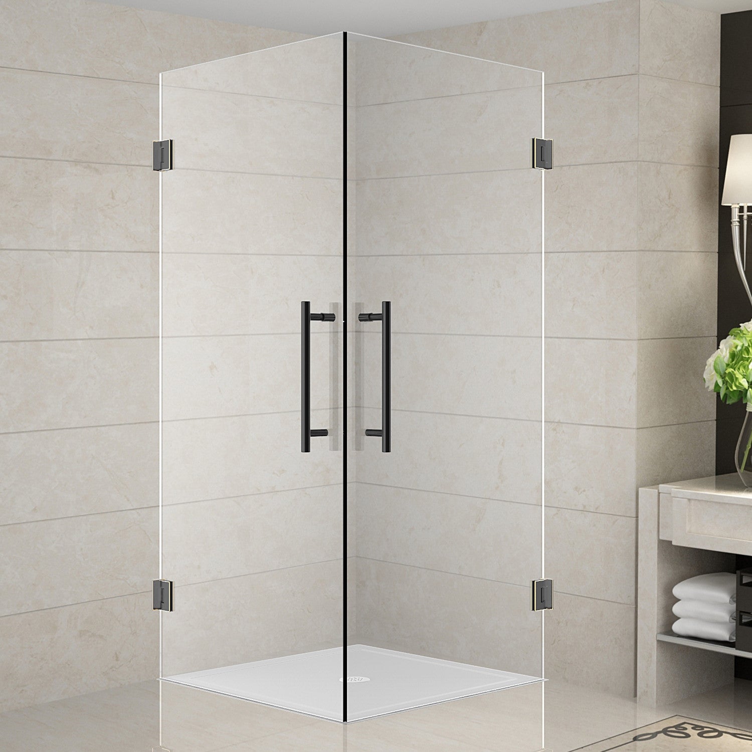 Vanora 34 in. W x 34 in. D x 72 in. H Frameless Hinged Corner Shower Enclosure with Clear Glass in Oil Rubbed Bronze 1