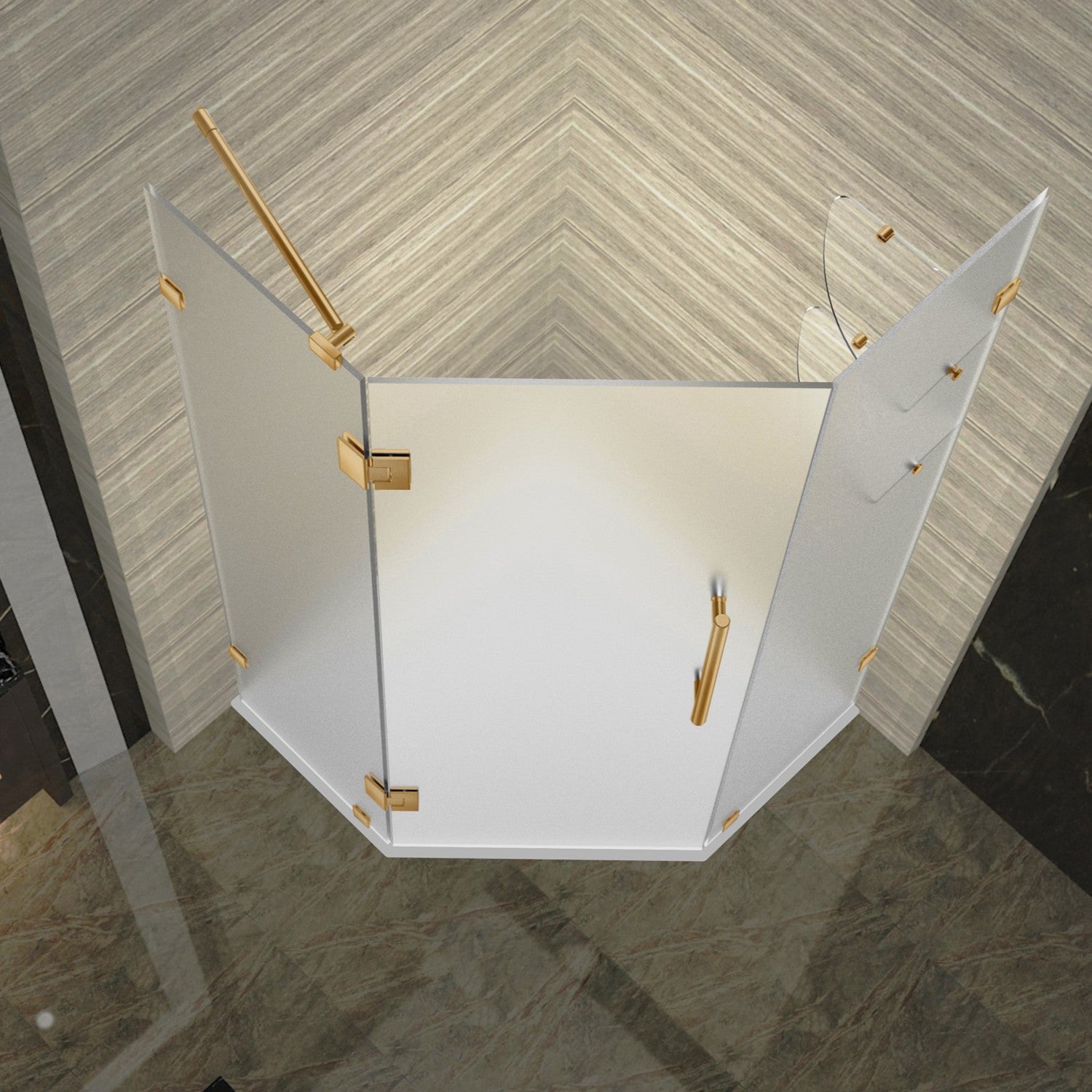 Neoscape GS 42 in. W x 42 in. D x 72 in. H Frameless Neo-Angle Hinged Shower Enclosure with Frosted Glass and Glass Shelves in Brushed Gold 2