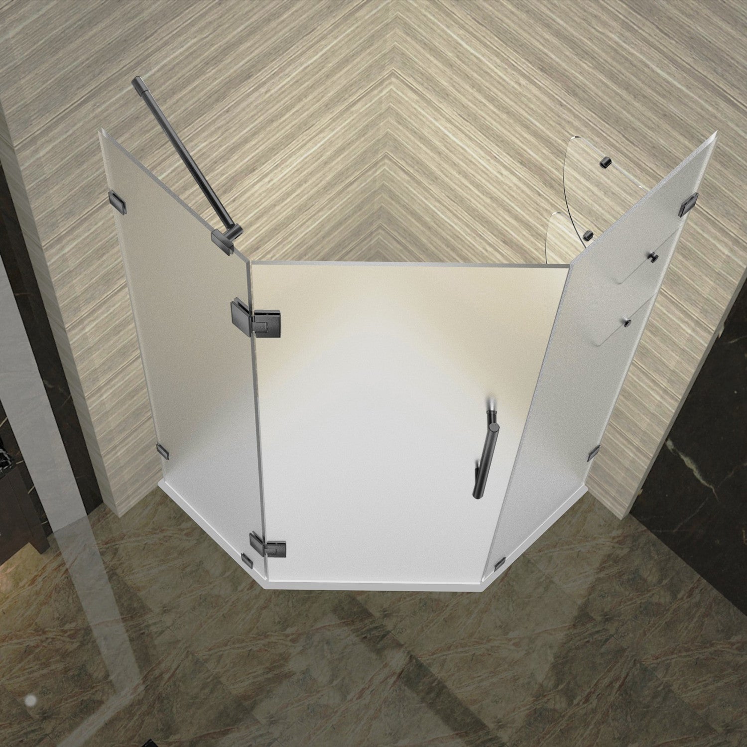 Neoscape GS 42 in. W x 42 in. D x 72 in. H Frameless Neo-Angle Hinged Shower Enclosure with Frosted Glass and Glass Shelves in Matte Black 2