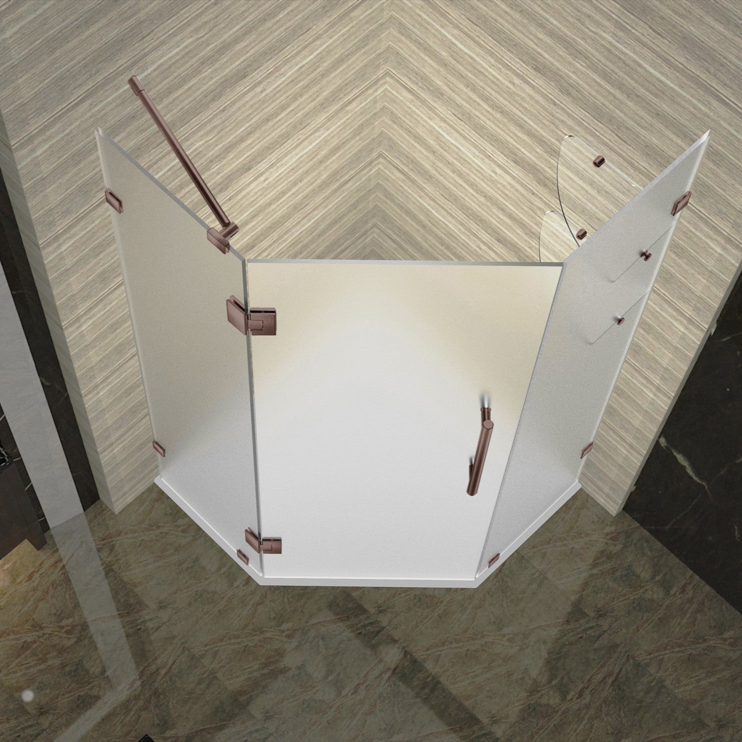 Neoscape GS 42 in. W x 42 in. D x 72 in. H Frameless Neo-Angle Hinged Shower Enclosure with Frosted Glass and Glass Shelves in Bronze 2