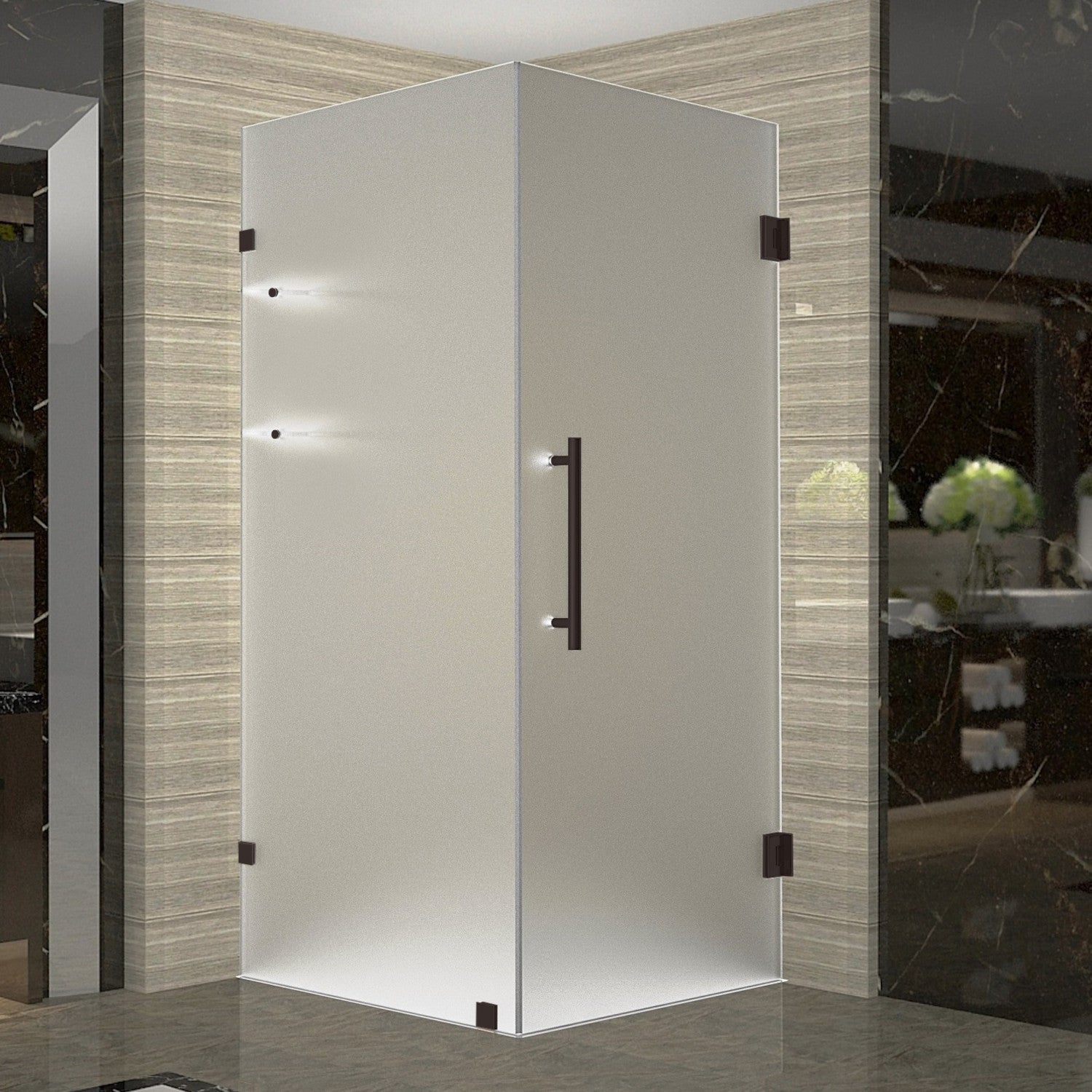 Aquadica GS 34 in. W x 34 in. D x 72 in. H Frameless Hinged Shower Enclosure with Frosted Glass and Glass Shelves in Bronze 1