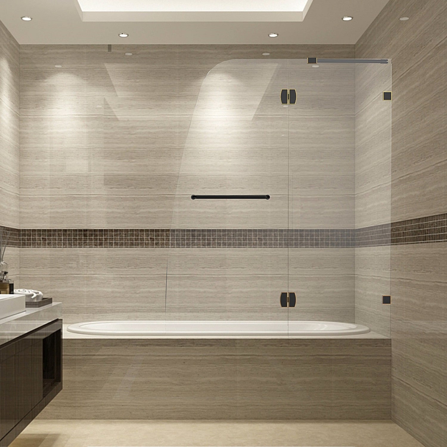 Soleil 48 in. W x 58 in. H Frameless Hinged Tub Door with Clear Glass in Oil Rubbed Bronze 1