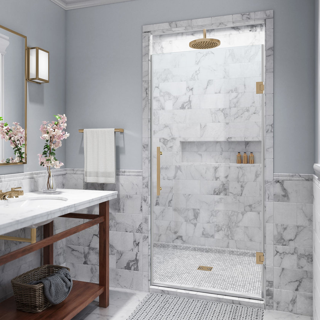 Frameless Shower Door with Gold Finishes