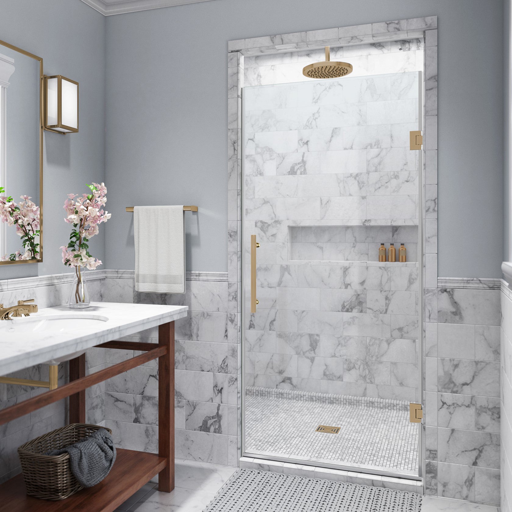 Frameless Shower Door with Gold Finishes