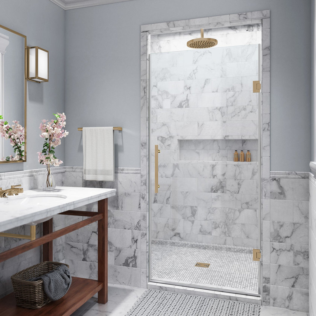 Frameless Shower Door with Gold Finishes