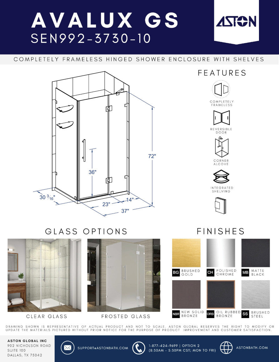 Avalux GS 37 in. W x 30 in. D x 72 in. H Frameless Hinged Shower Enclosure with Frosted Glass and Glass Shelves in Brushed Gold 3
