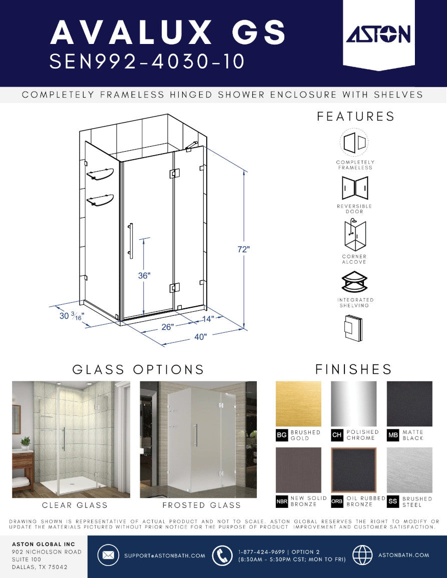 Avalux GS 40 in. W x 30 in. D x 72 in. H Frameless Hinged Shower Enclosure with Frosted Glass and Glass Shelves in Chrome 3