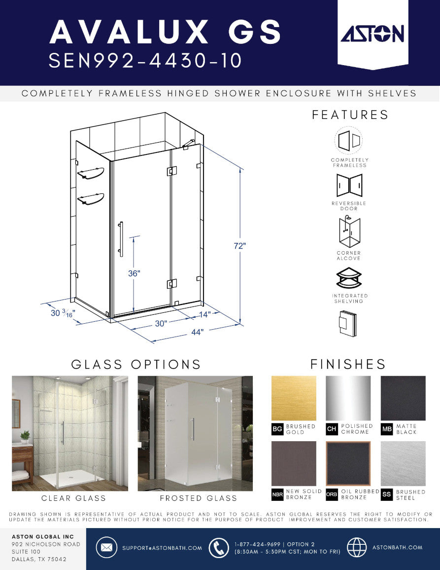 Avalux GS 44 in. W x 30 in. D x 72 in. H Frameless Hinged Shower Enclosure with Frosted Glass and Glass Shelves in Brushed Gold 3