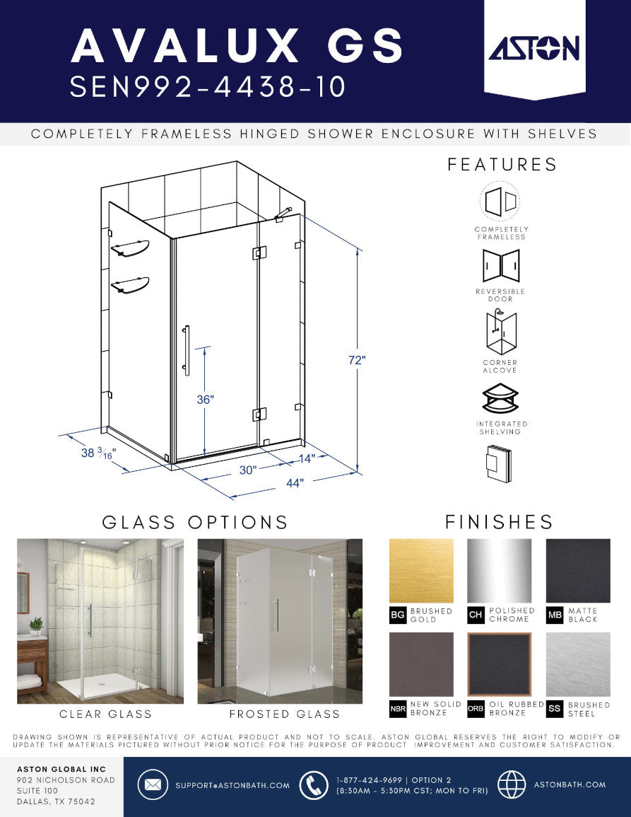 Avalux GS 44 in. W x 38 in. D x 72 in. H Frameless Hinged Shower Enclosure with Frosted Glass and Glass Shelves in Chrome 3