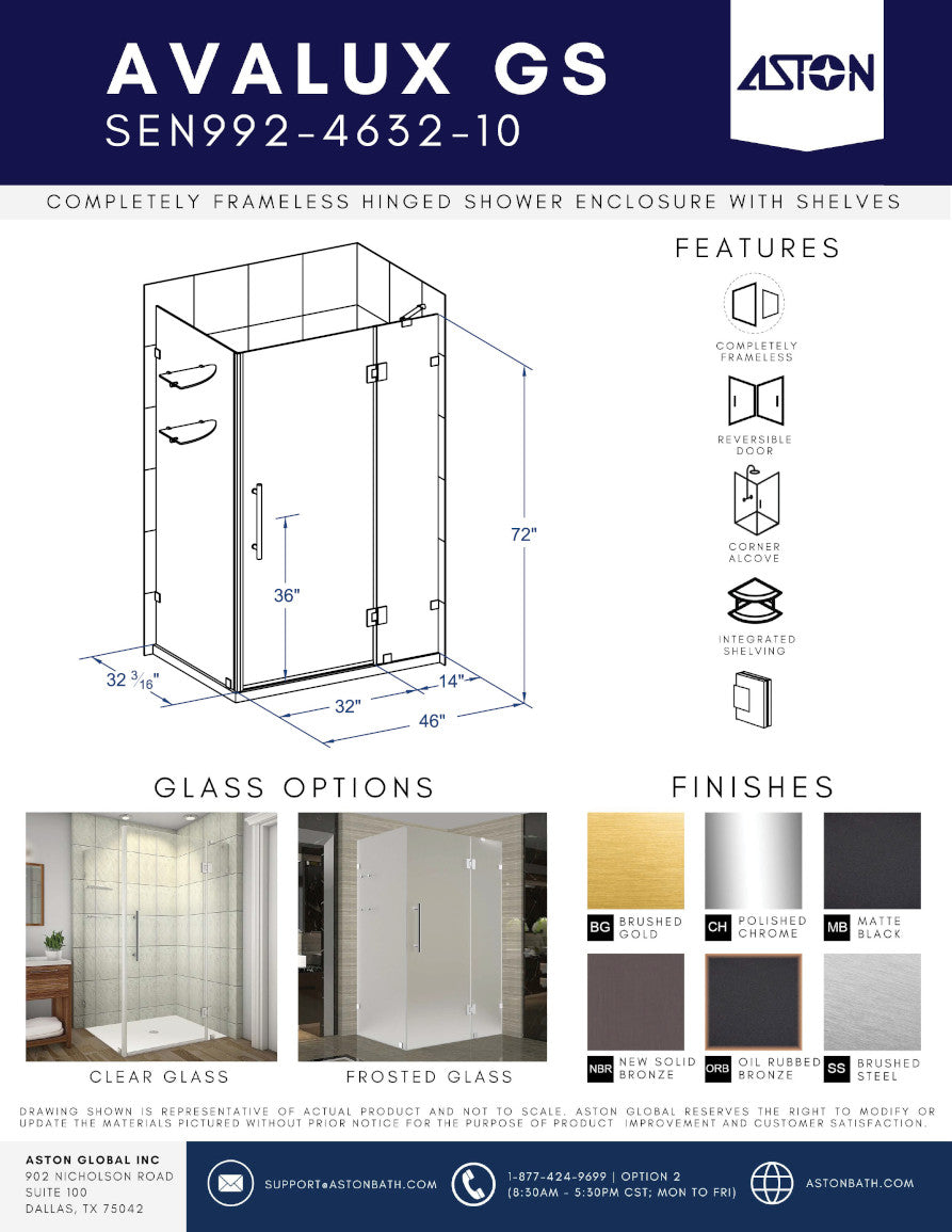 Avalux GS 46 in. W x 32 in. D x 72 in. H Frameless Hinged Shower Enclosure with Frosted Glass and Glass Shelves in Chrome 3