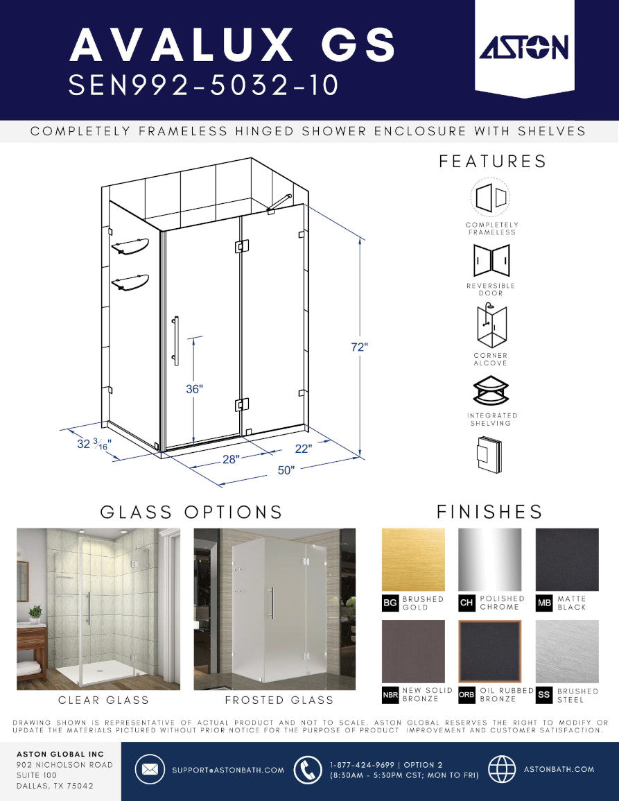 Avalux GS 50 in. W x 32 in. D x 72 in. H Frameless Hinged Shower Enclosure with Frosted Glass and Glass Shelves in Chrome 3