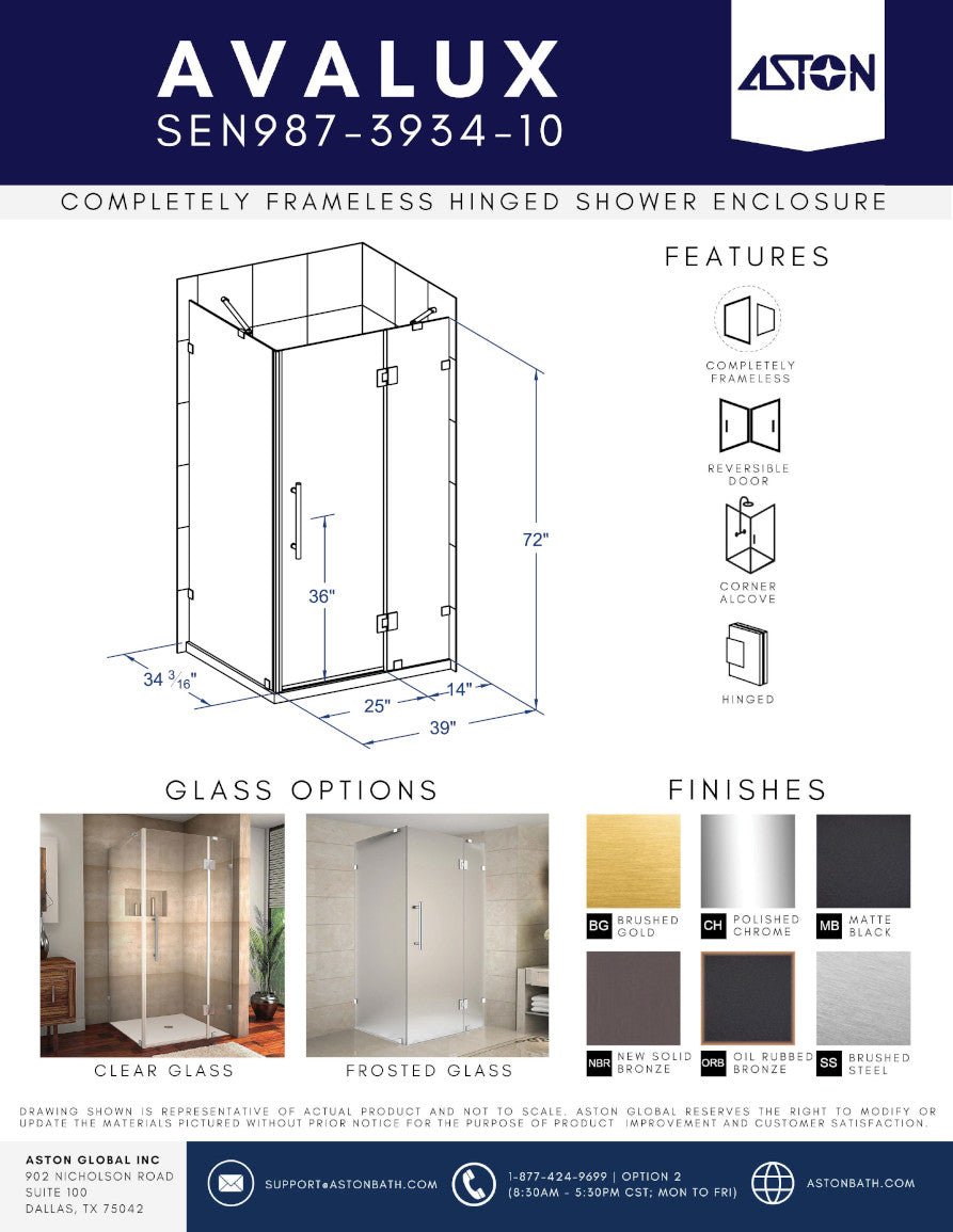 Avalux 39 in. W x 34 in. D x 72 in. H Frameless Corner Hinged Shower Enclosure with Frosted Glass in Brushed Gold 3