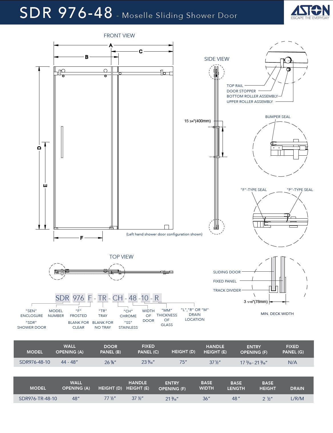 Moselle 44 in. to 48 in. W x 77.5 in. H Frameless Sliding Shower Door with Frosted Glass in Chrome with Middle Drain Base 2