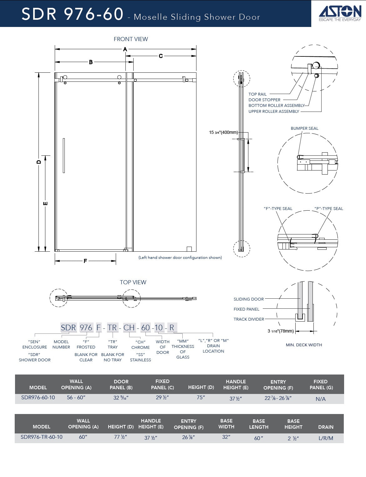 Moselle 56 in. to 60 in. W x 77.5 in. H Frameless Sliding Shower Door with Clear Glass in Chrome with Right Drain Base 2