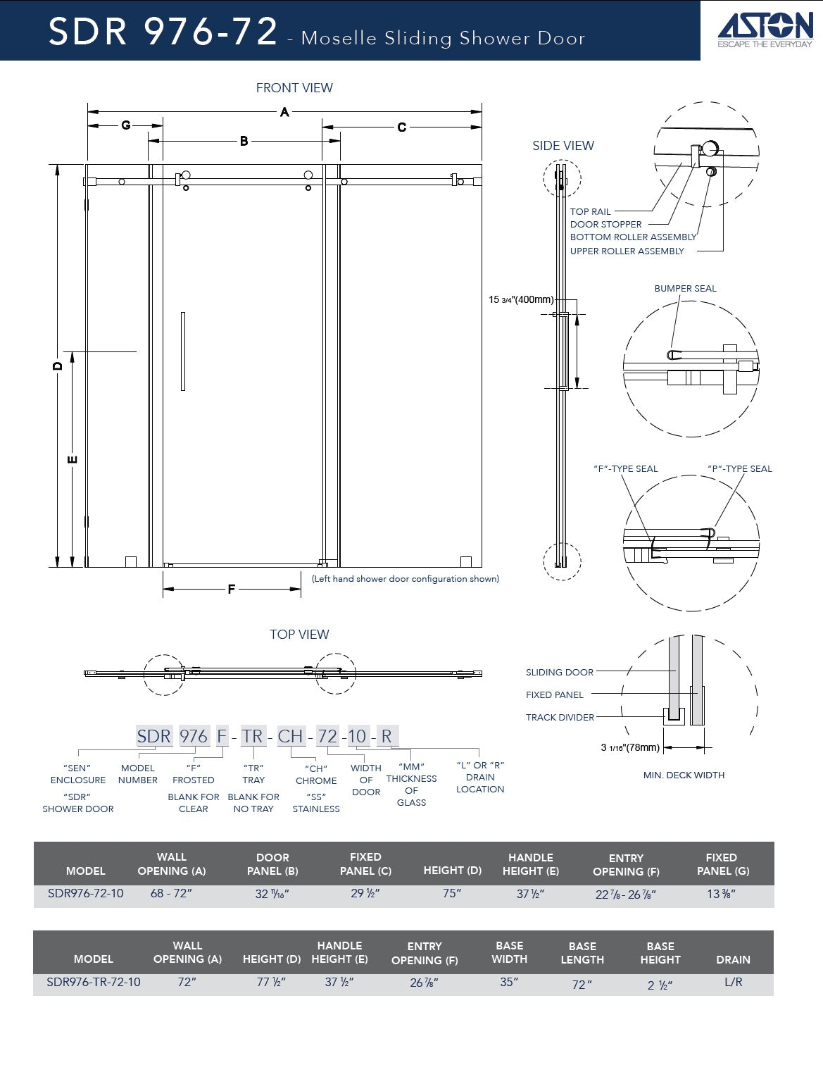 Moselle 68 in. to 72 in. W x 77.5 in. H Frameless Sliding Shower Door with Frosted Glass in Chrome with Right Drain Base 2