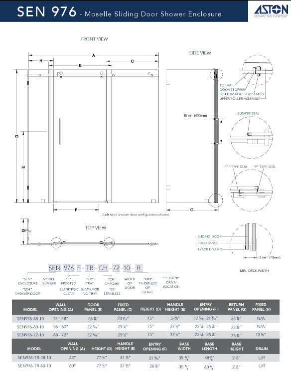 Moselle 68 in. to 72 in. W x 35 in. D x 75 in. H Frameless Sliding Shower Enclosure with Frosted Glass in Chrome 2