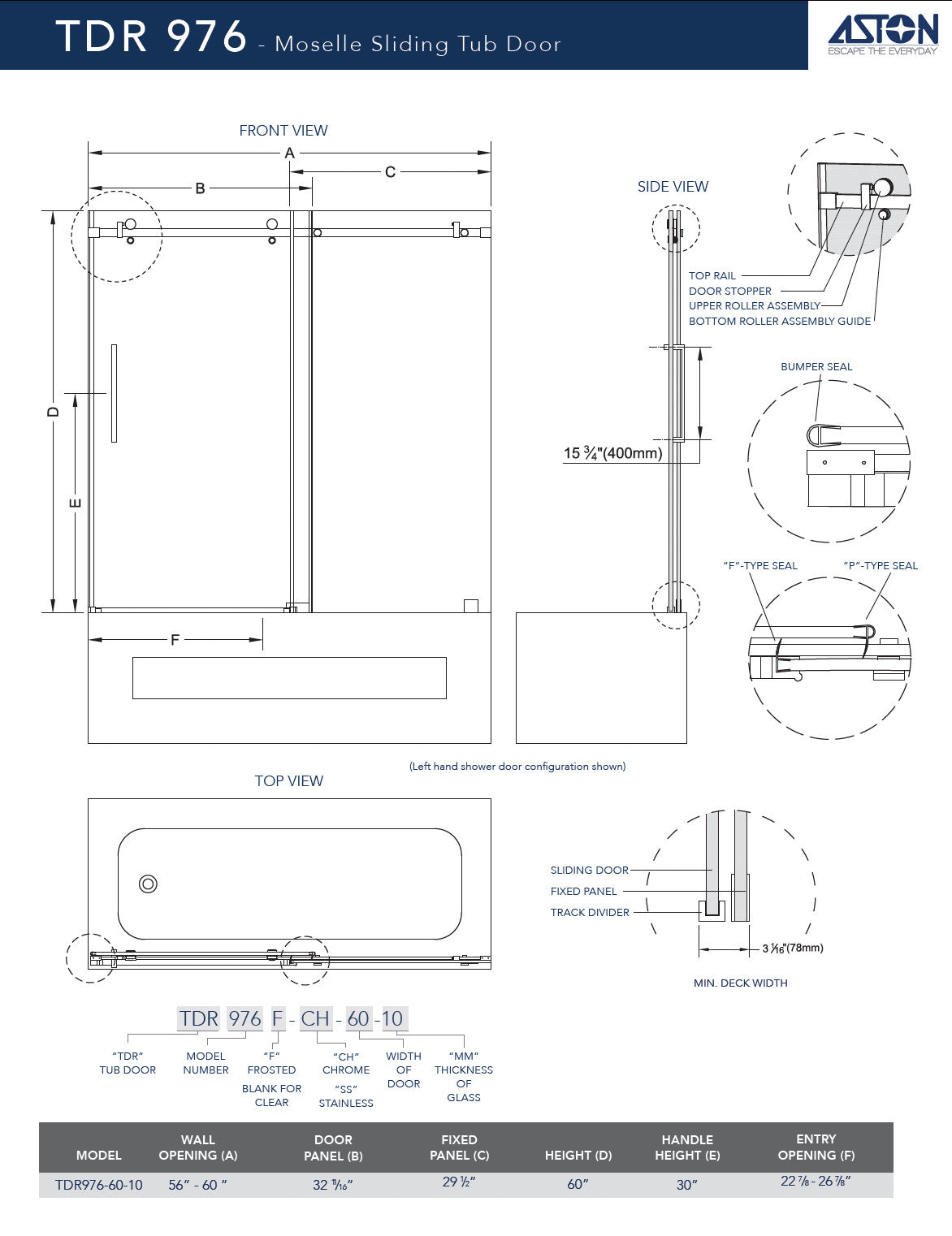 Moselle 56 in. to 60 in. W x 60 in. H Frameless Sliding Tub Door with Frosted Glass in Stainless Steel 2