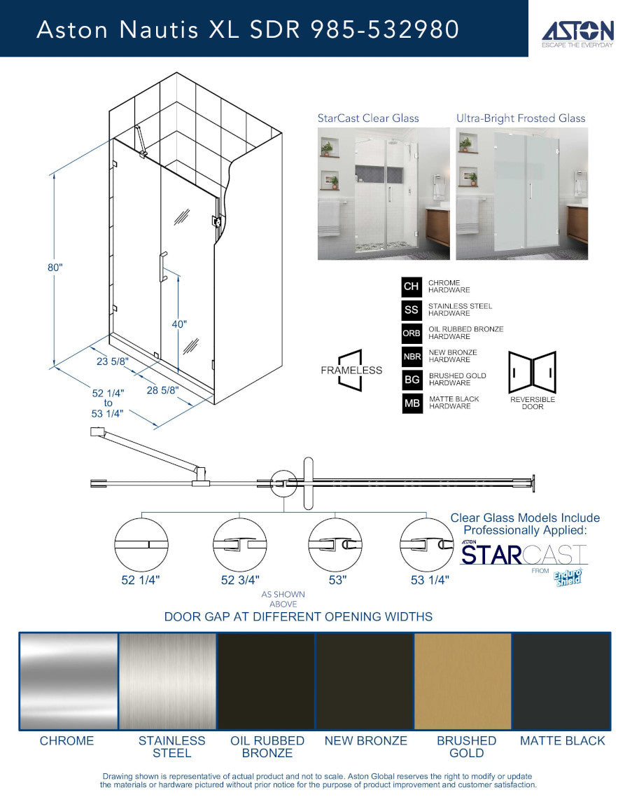 Nautis XL 52.25 in. to 53.25 in. W x 80 in. H Frameless Hinged Shower Door with Clear Glass in Brushed Gold 2