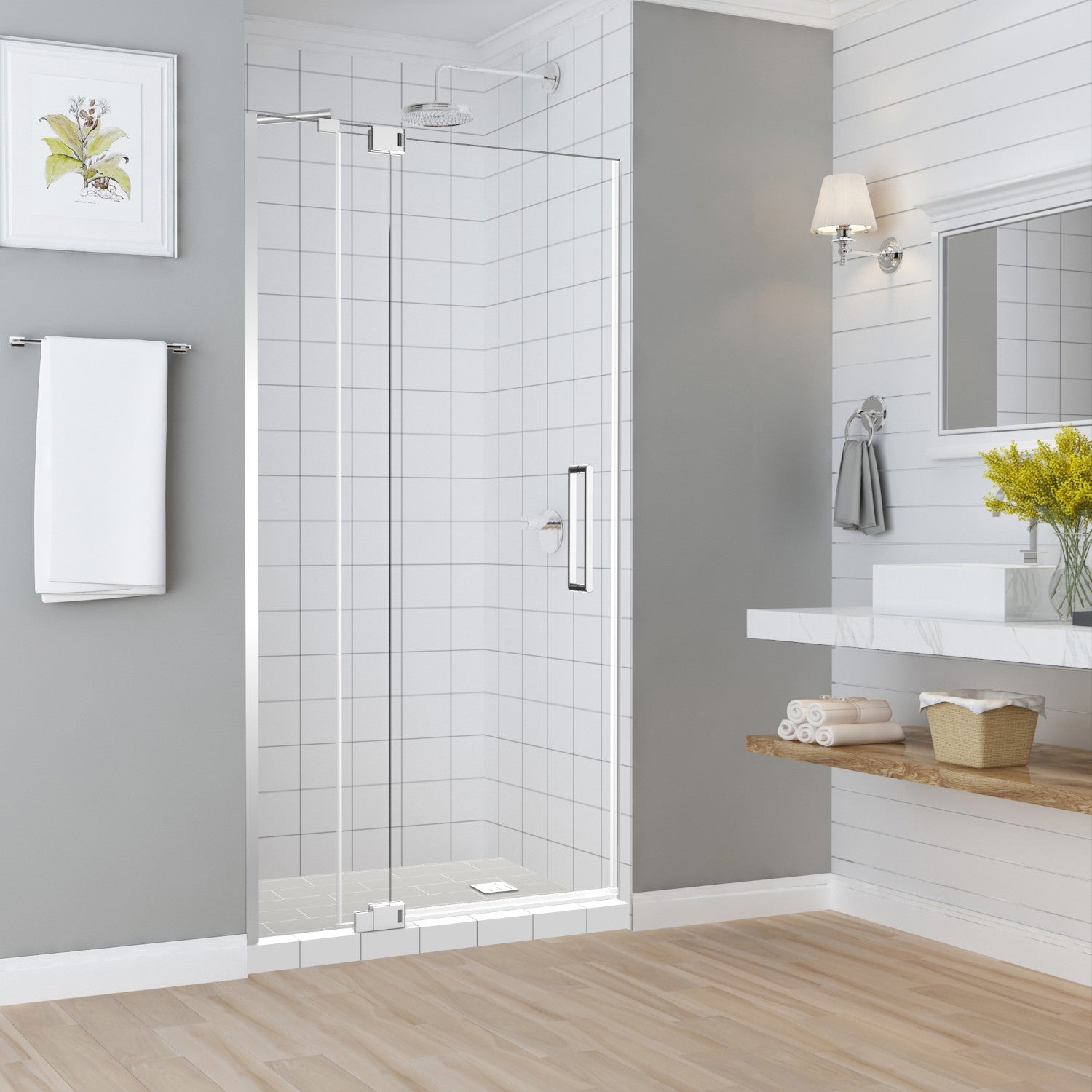 Madox 31 in. to 36 in. W x 74.875 in. H Frameless Pivot Shower Door with Clear Glass in Chrome 1