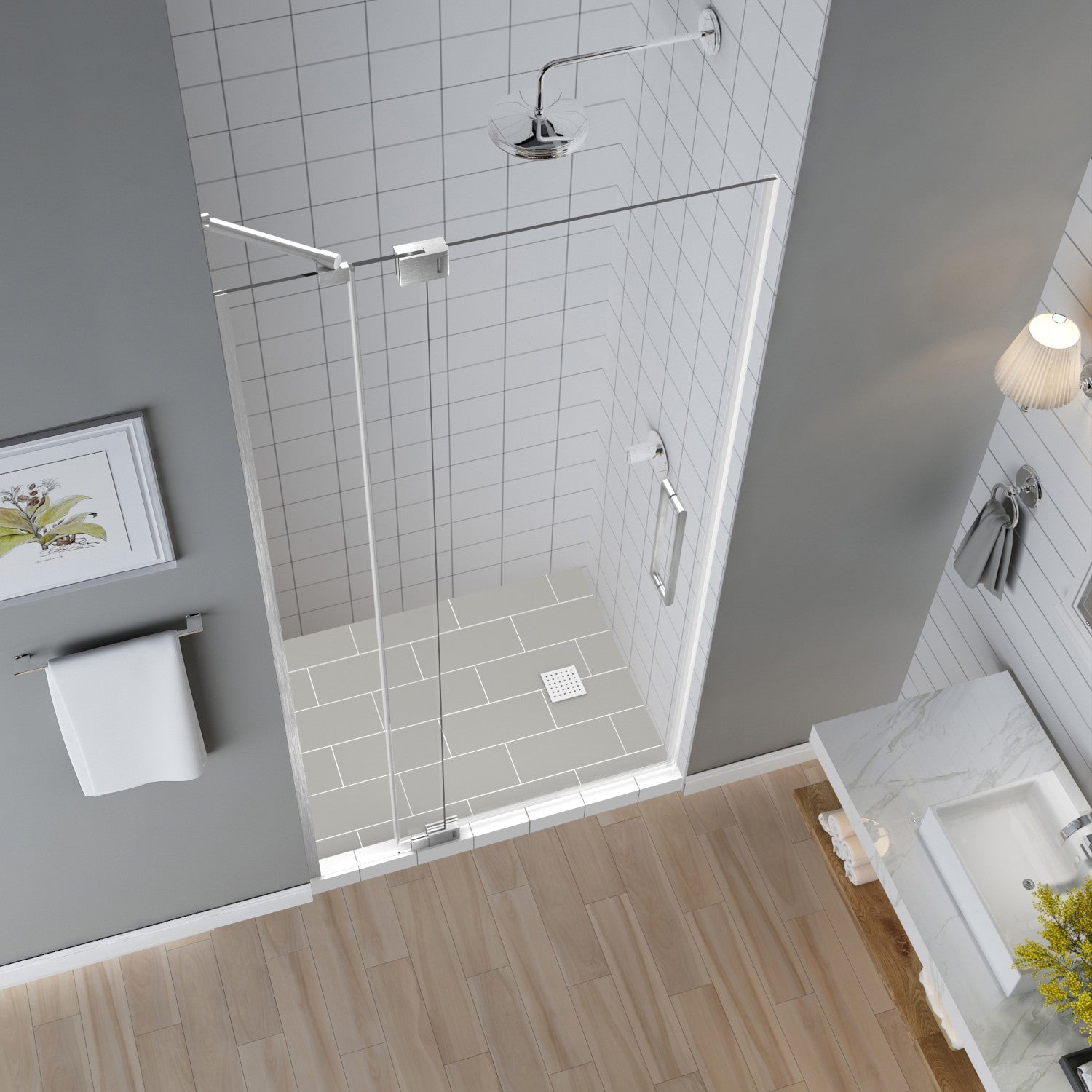 Madox 31 in. to 36 in. W x 74.875 in. H Frameless Pivot Shower Door with Clear Glass in Stainless Steel 2