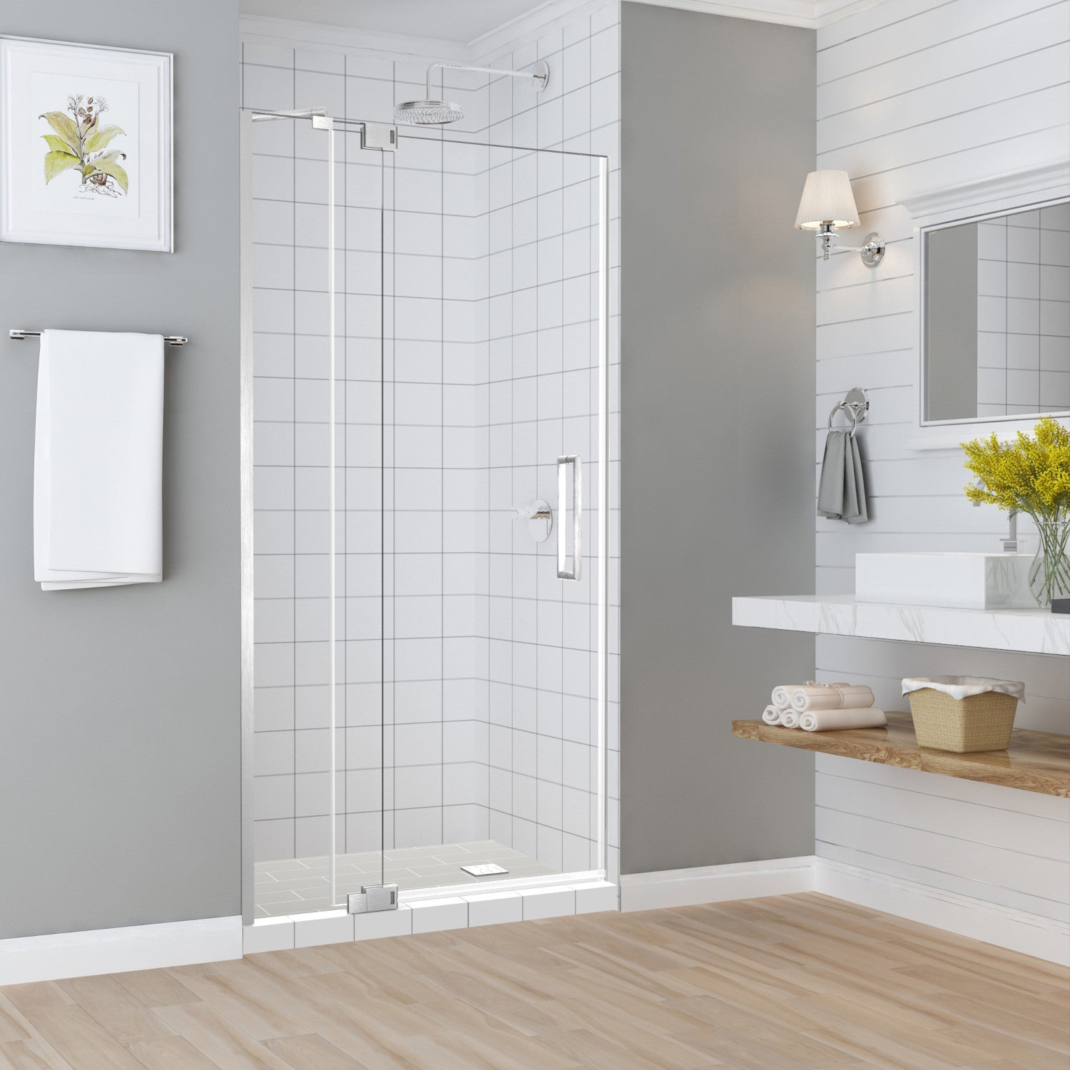 Madox 42 in. to 48 in. W x 74.875 in. H Frameless Pivot Shower Door with Clear Glass in Stainless Steel 1