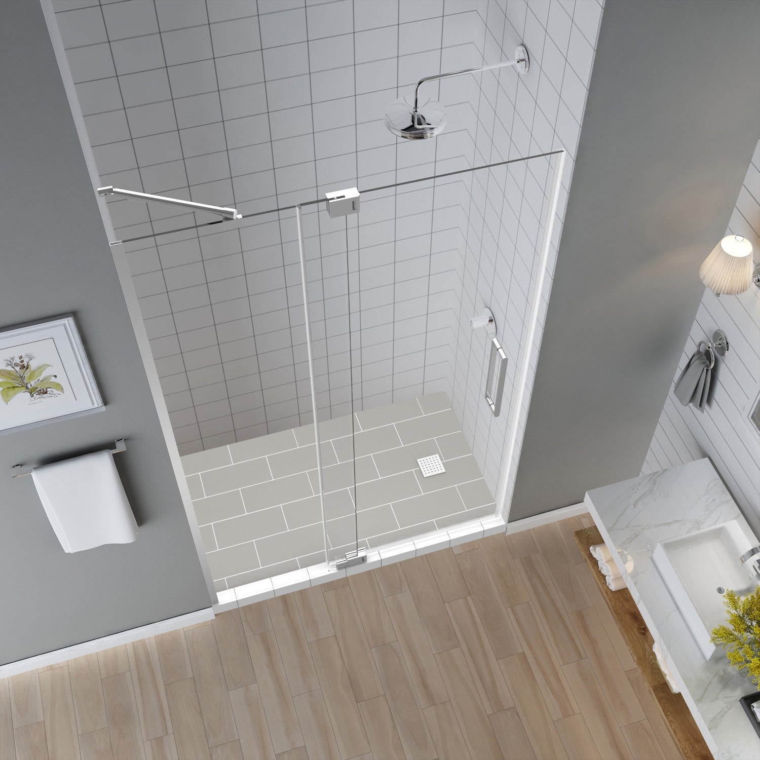 Madox 48 in. to 54 in. W x 74.875 in. H Frameless Pivot Shower Door with Clear Glass in Chrome 2