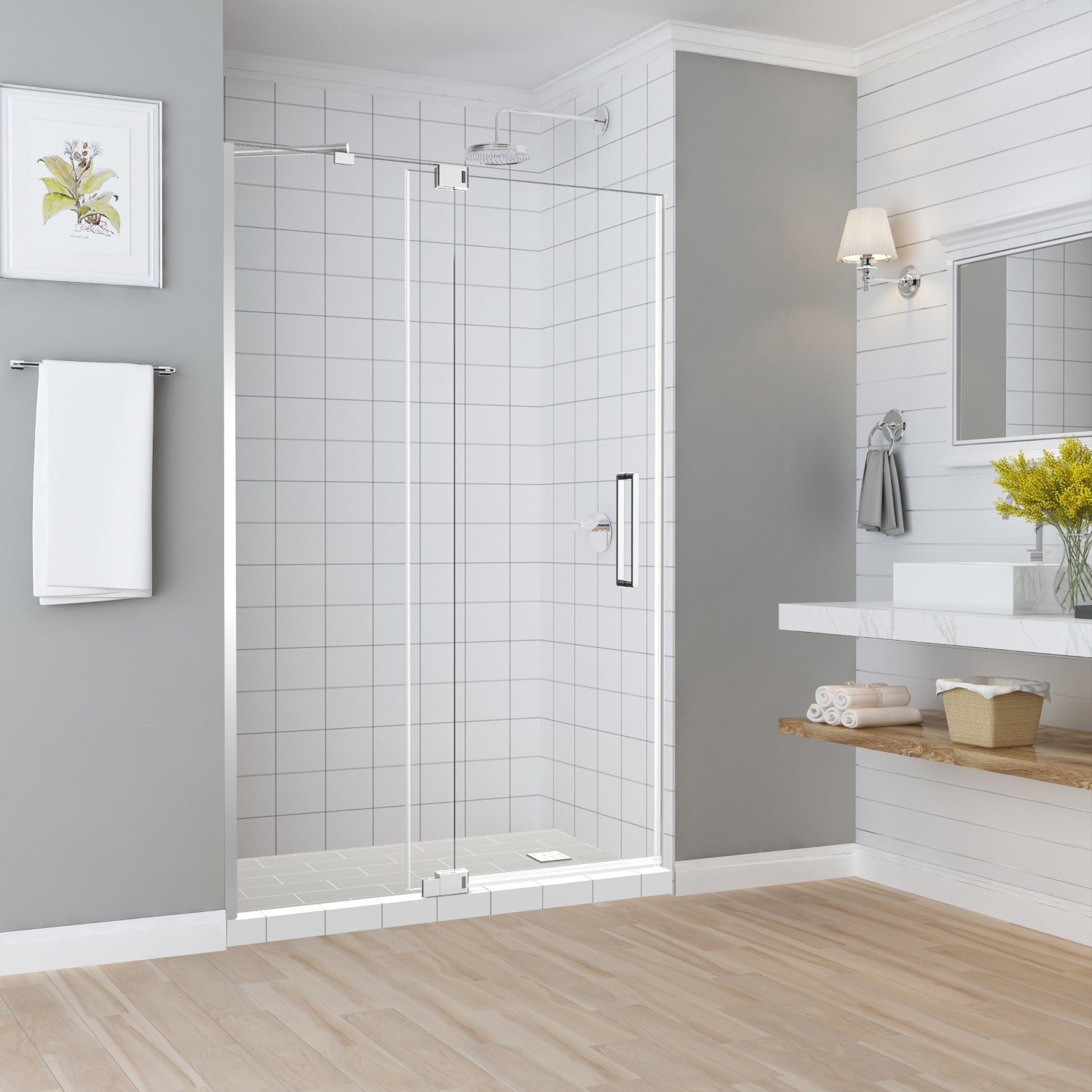 Madox 54 in. to 60 in. W x 74.875 in. H Frameless Pivot Shower Door with Clear Glass in Chrome 1