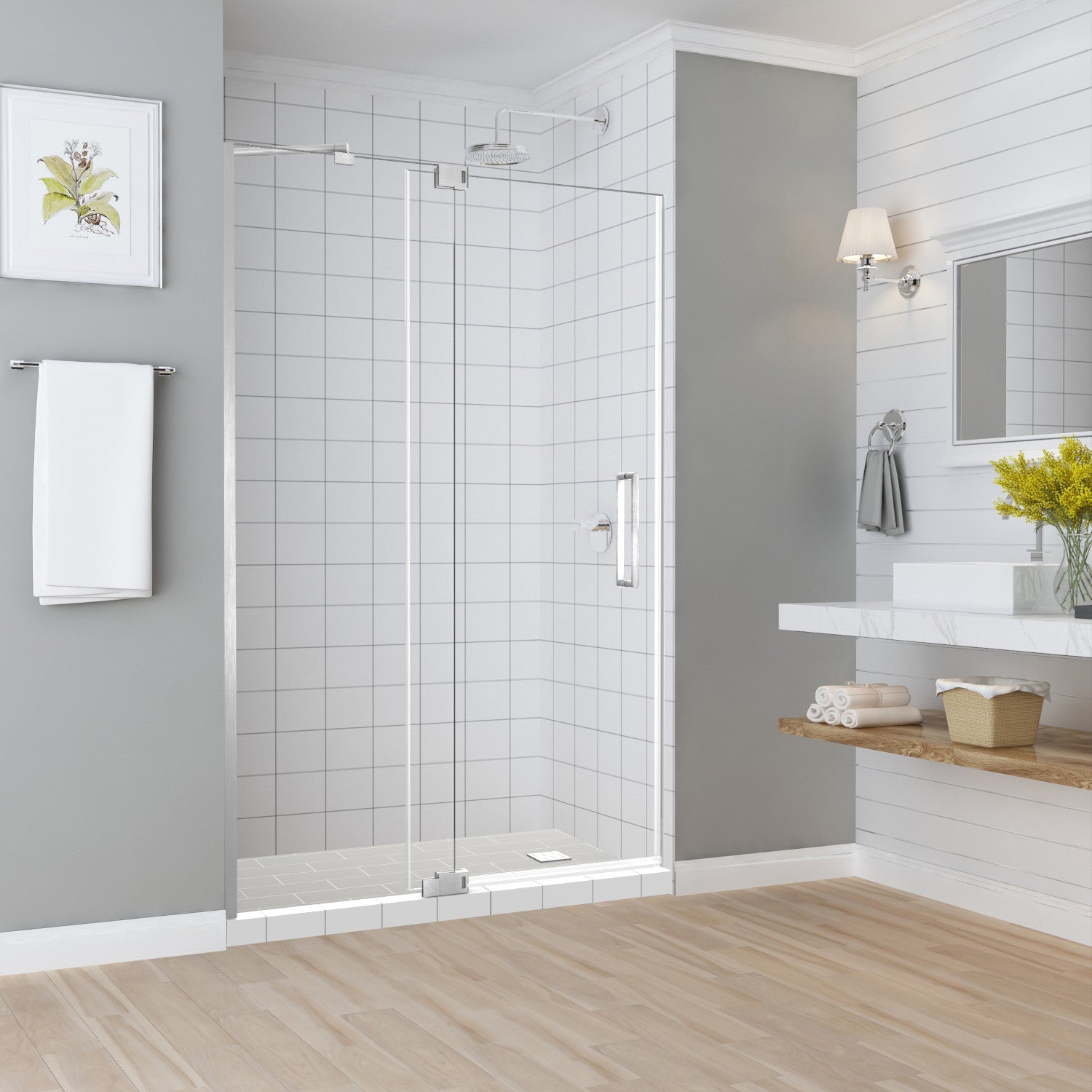 Madox 48 in. to 54 in. W x 74.875 in. H Frameless Pivot Shower Door with Clear Glass in Stainless Steel 1
