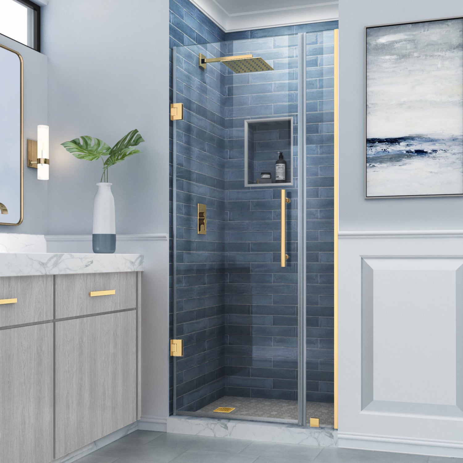 Belmore 27.25 in. to 28.25 in. W x 72 in. H Frameless Hinged Shower Door with Clear Glass in Brushed Gold (22 in. Door and 6 in. Fixed Panel) 1