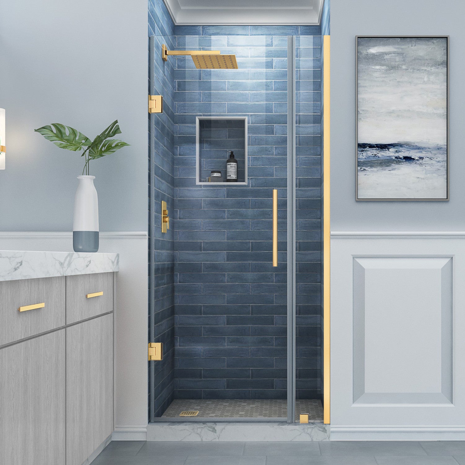 Belmore 27.25 in. to 28.25 in. W x 72 in. H Frameless Hinged Shower Door with Clear Glass in Brushed Gold (22 in. Door and 6 in. Fixed Panel) 2