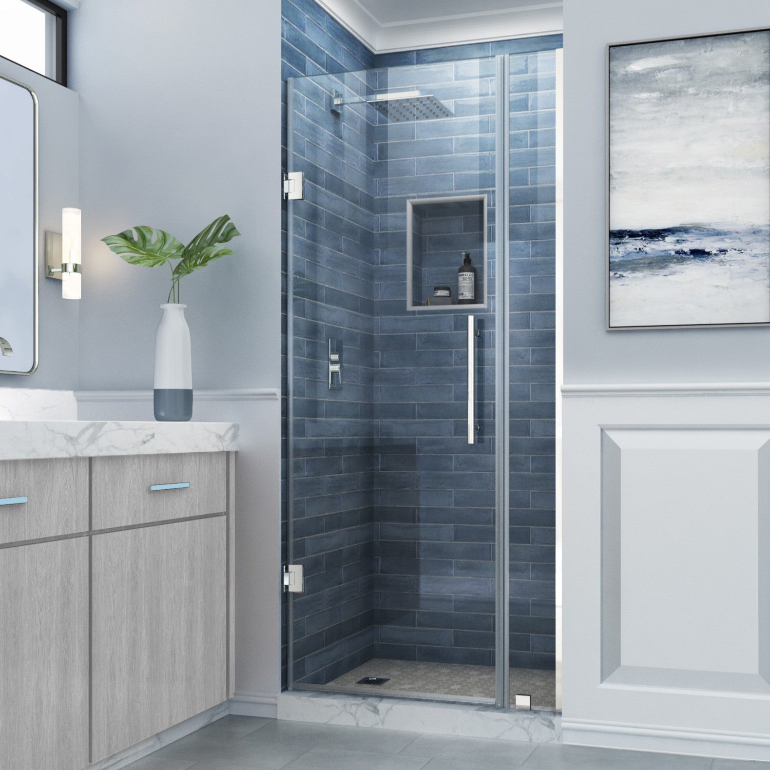 Belmore 27.25 in. to 28.25 in. W x 72 in. H Frameless Hinged Shower Door with Clear Glass in Chrome (22 in. Door and 6 in. Fixed Panel) 1