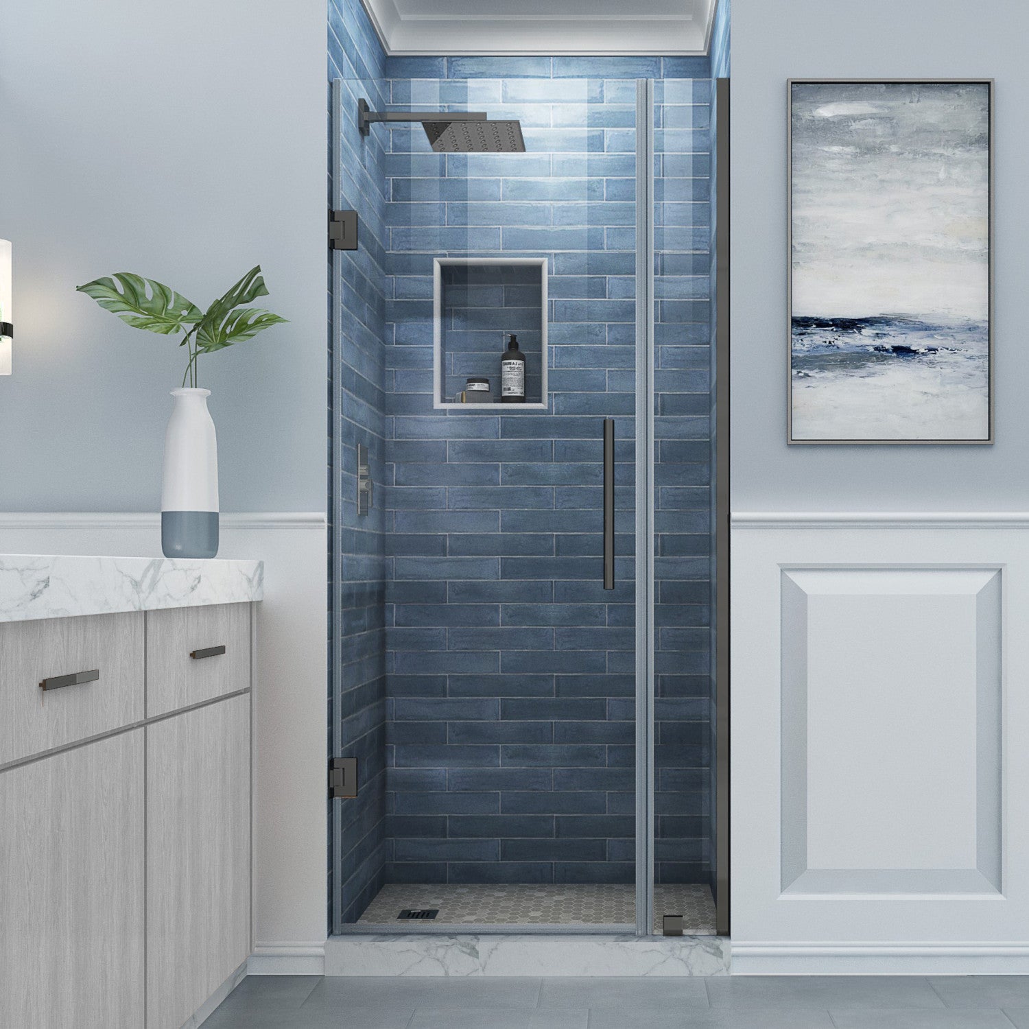 Belmore 27.25 in. to 28.25 in. W x 72 in. H Frameless Hinged Shower Door with Clear Glass in Matte Black (22 in. Door and 6 in. Fixed Panel) 2