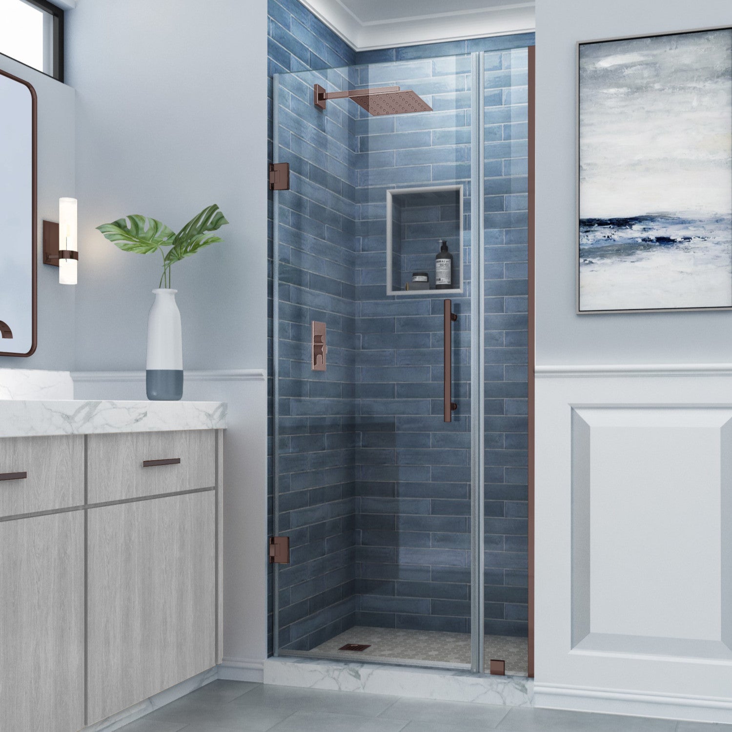 Belmore 27.25 in. to 28.25 in. W x 72 in. H Frameless Hinged Shower Door with Clear Glass in Bronze (22 in. Door and 6 in. Fixed Panel) 1