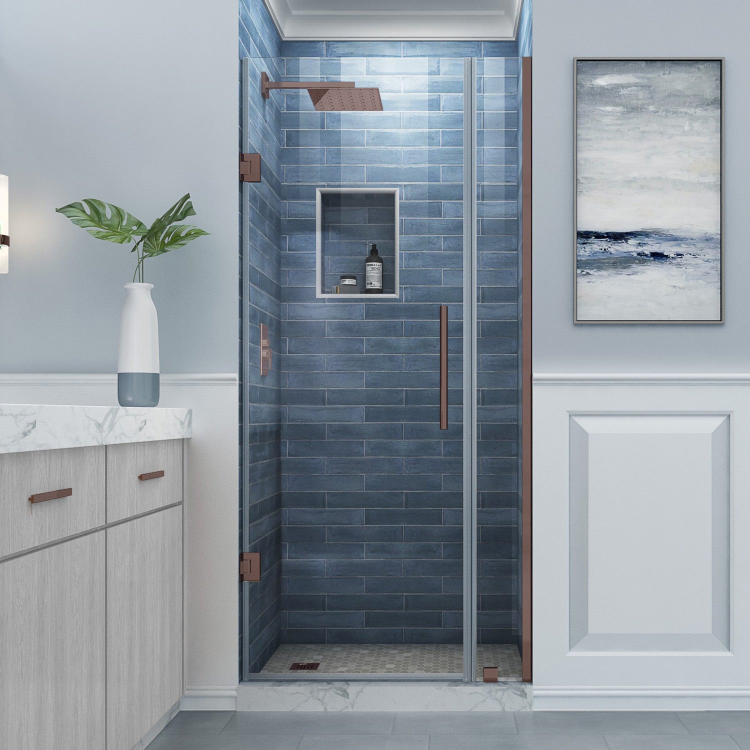 Belmore 27.25 in. to 28.25 in. W x 72 in. H Frameless Hinged Shower Door with Clear Glass in Bronze (22 in. Door and 6 in. Fixed Panel) 2