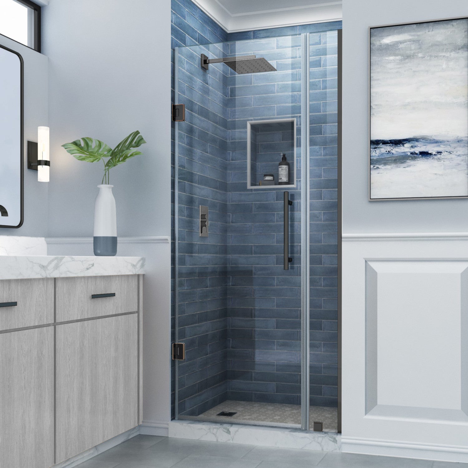 Belmore 27.25 in. to 28.25 in. W x 72 in. H Frameless Hinged Shower Door with Clear Glass in Oil Rubbed Bronze (22 in. Door and 6 in. Fixed Panel) 1