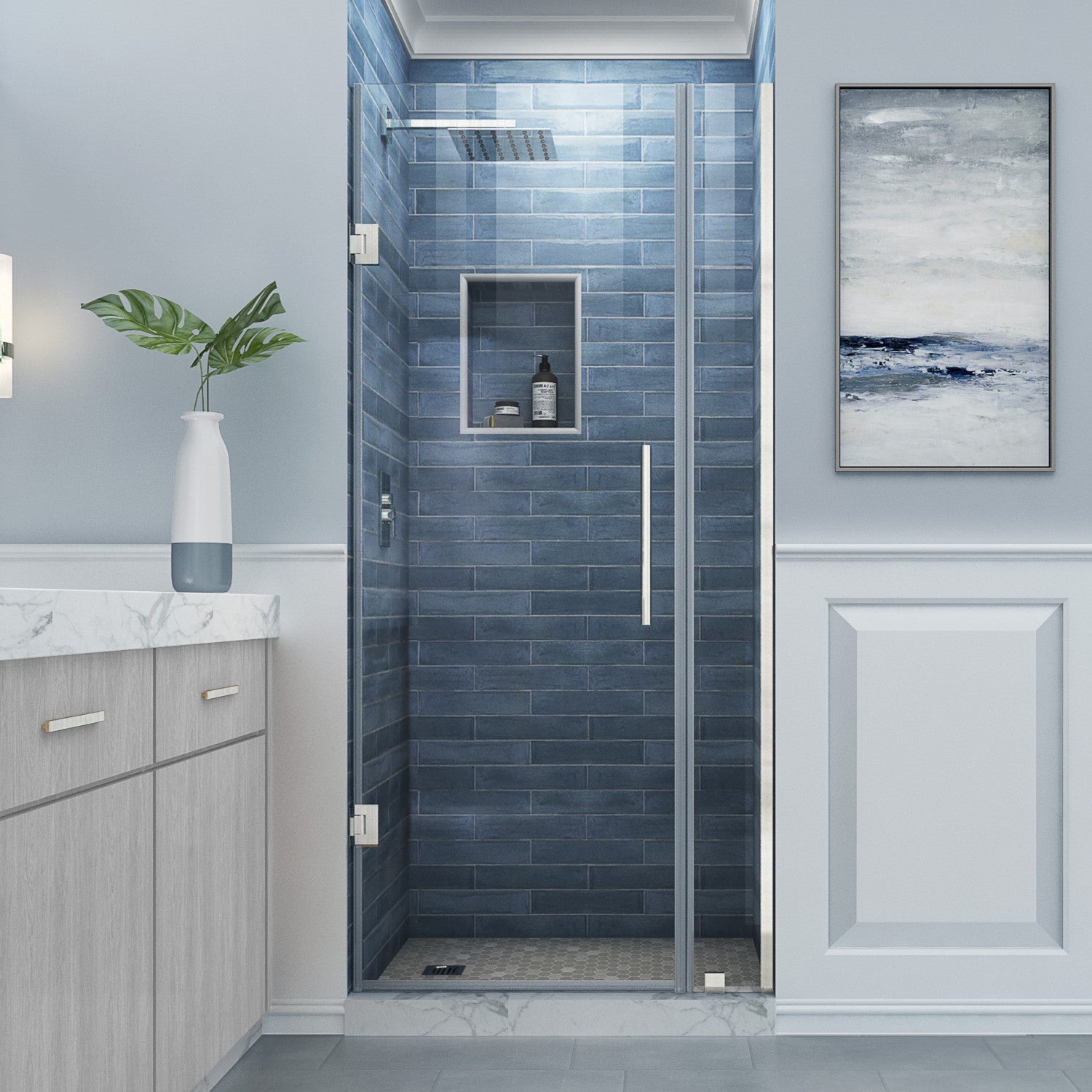 Belmore 27.25 in. to 28.25 in. W x 72 in. H Frameless Hinged Shower Door with Clear Glass in Stainless Steel (22 in. Door and 6 in. Fixed Panel) 2